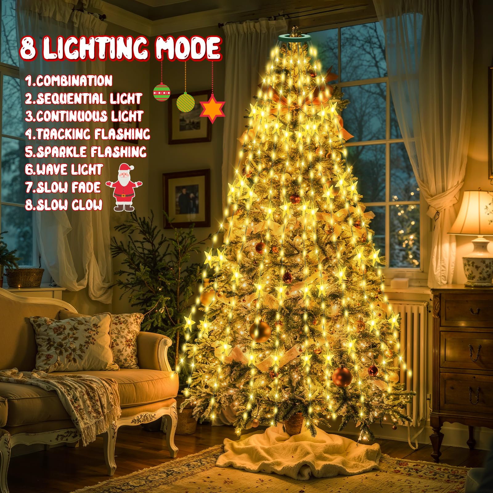Etopgo Christmas Tree Lights,2M400LED Christmas String Lights with Star for Tree with Memory Function & 8 Modes,6.6FT x 16 Lines Fairy Lights with Timer for Xmas Tree Decorations - Image 4