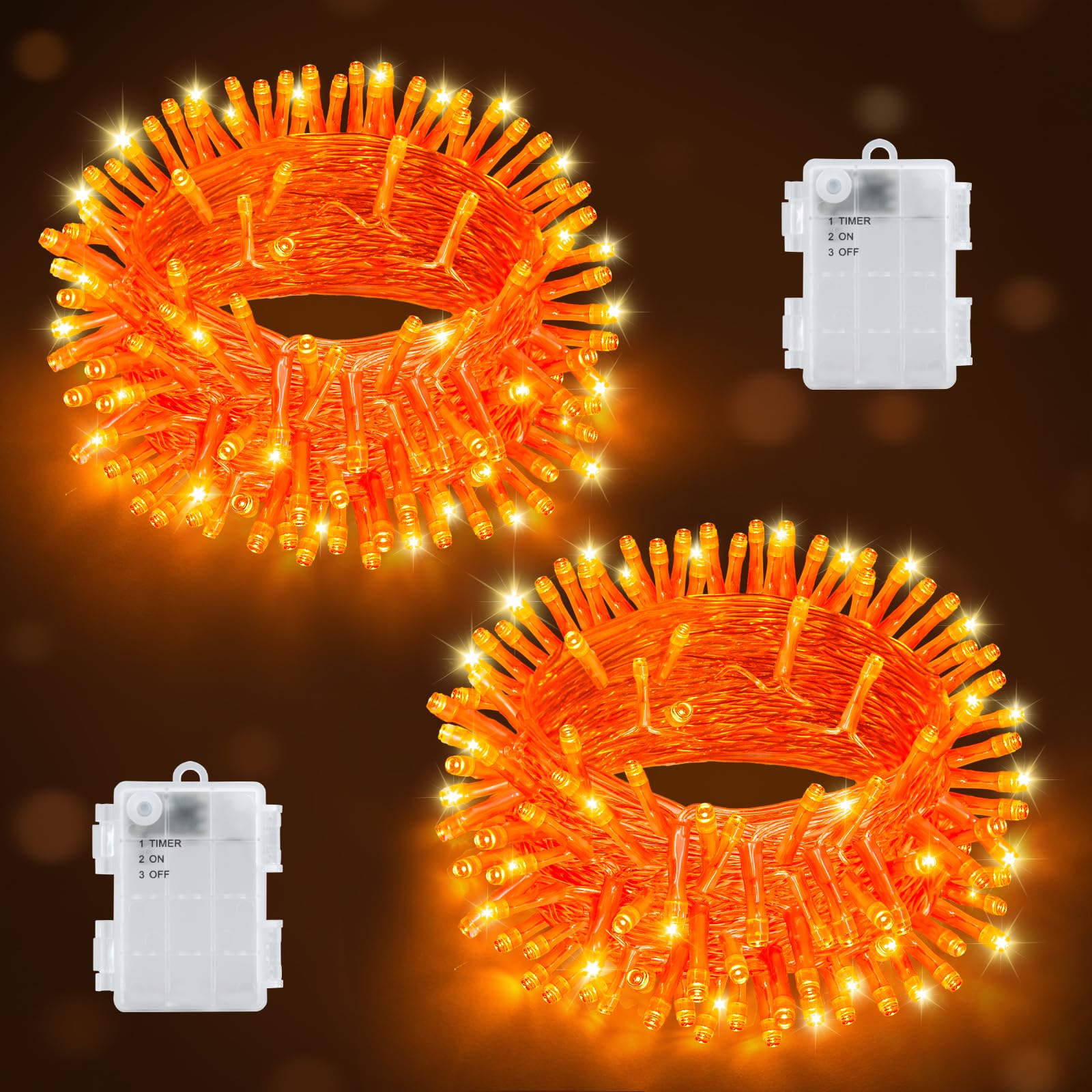 Joolivo Halloween Decorations Fairy Lights, Total 10M 100LEDs Orange Halloween Lights with 6H Timer, Battery Powered Waterproof for Autumn Party Window Decor, 2 Pack