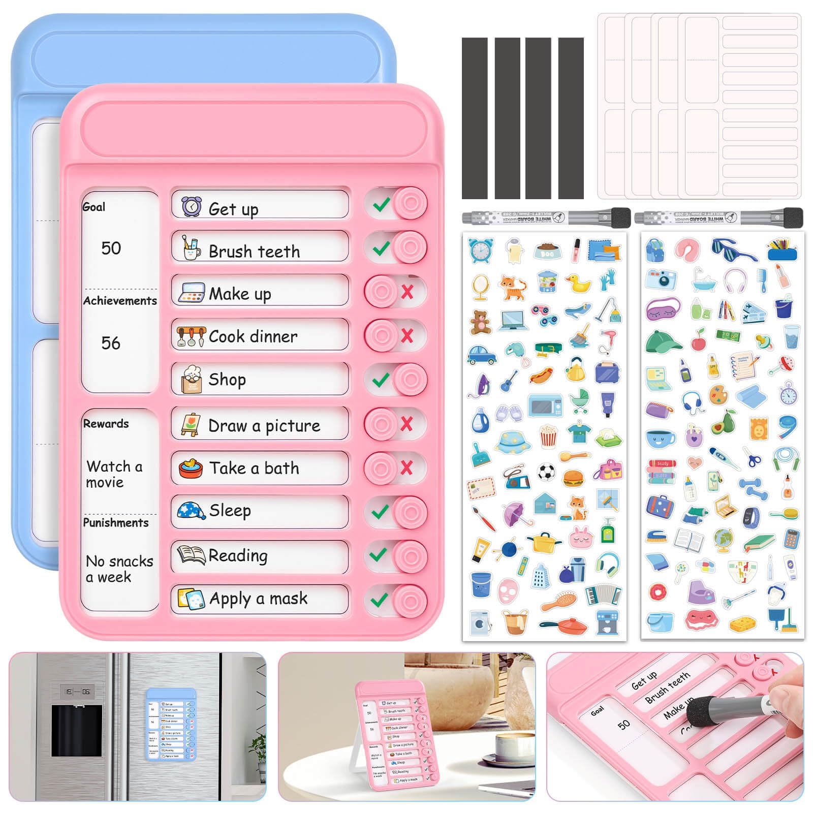 Audab 2Pcs Dry Erase Chore Chart for Kids, Magnetic Checklist Board, My Chores Slider Chart to Do List Board, Routine Chart Schedule Board Task Tracker for Home Refrigerator, Wall, Desk (Blue & Pink)