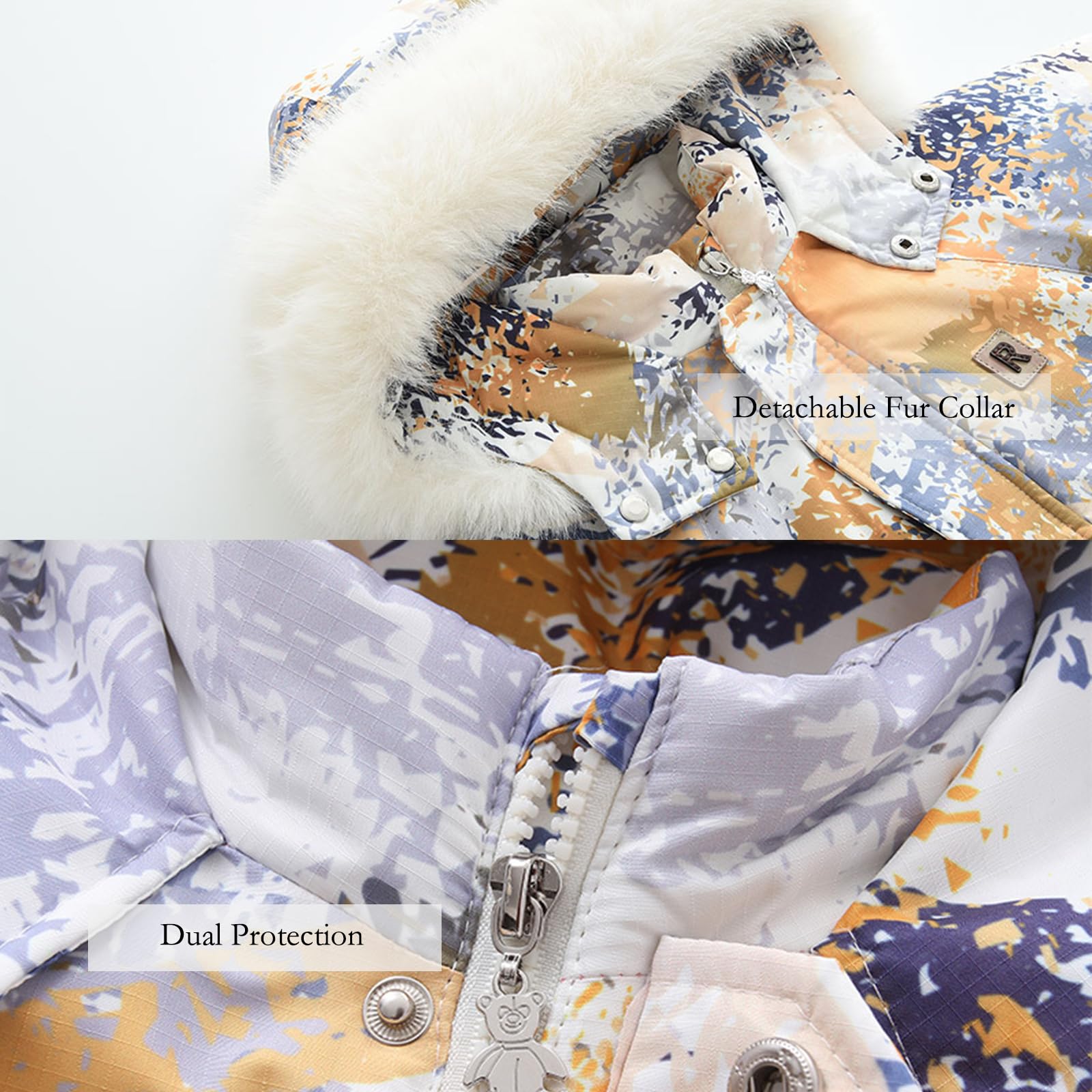 Traje de nieve para bebé con cuello de piel y capucha, mono de nieve impreso, mono de invierno, a prueba de viento, cálido, traje de esquí para niña, forro polar, grueso con cuello de piel y