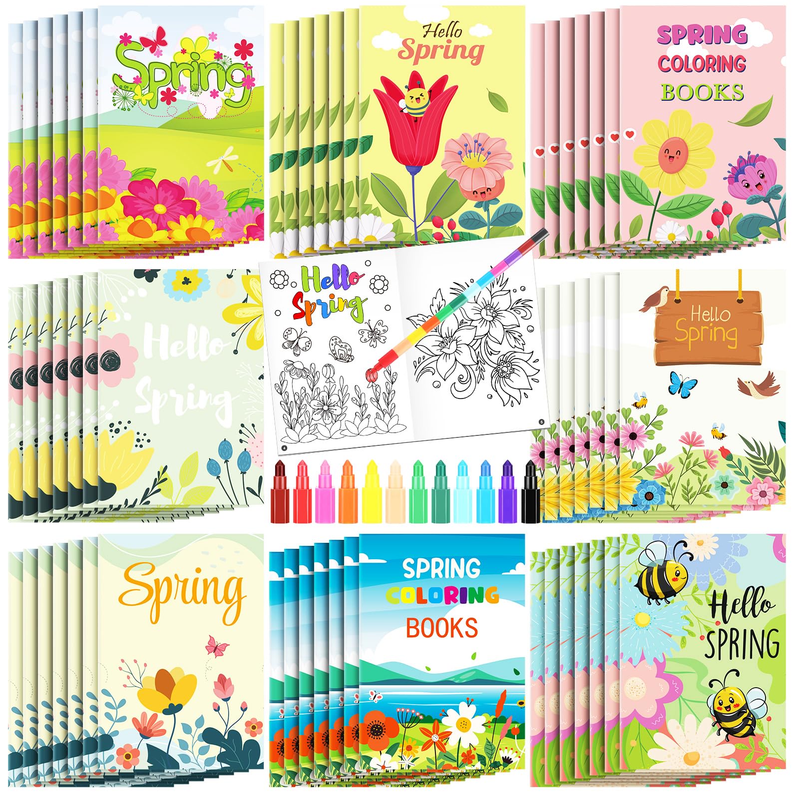 Zhanmai 64 Pcs Spring Coloring Book with Stacking Pencils Bulk Spring Bee Flower Activity Book DIY Art Mini Coloring Drawing Books for Holiday Bee