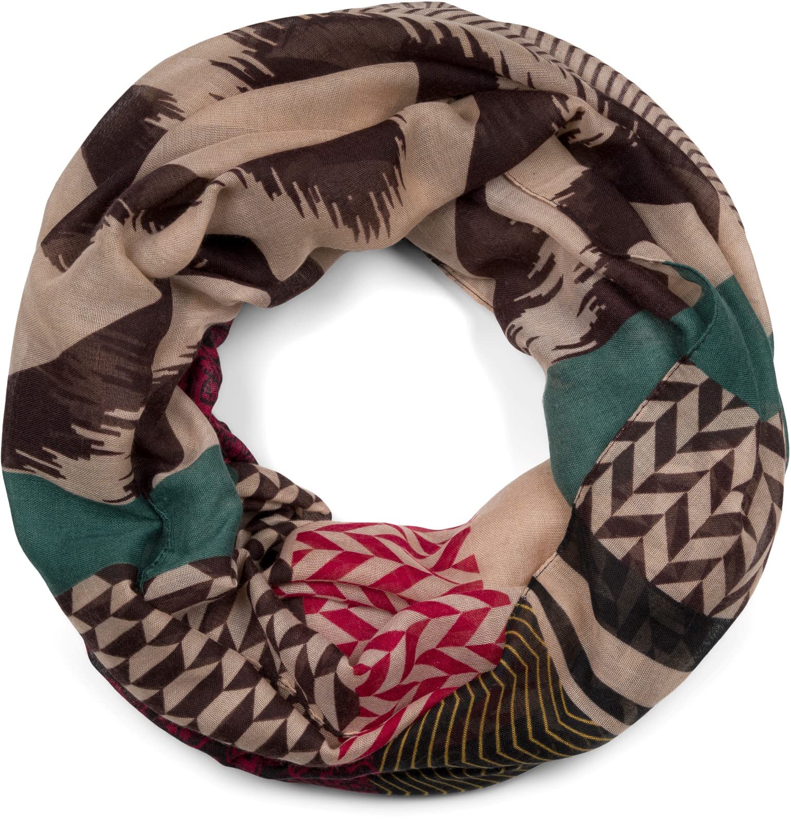 styleBREAKER Ladies Loop Scarf in Zig-Zag Paisley Pattern Mix, Tube Scarf Light Multicoloured Colourful, Shawl 01017145, Colour:Burgundy-petrol