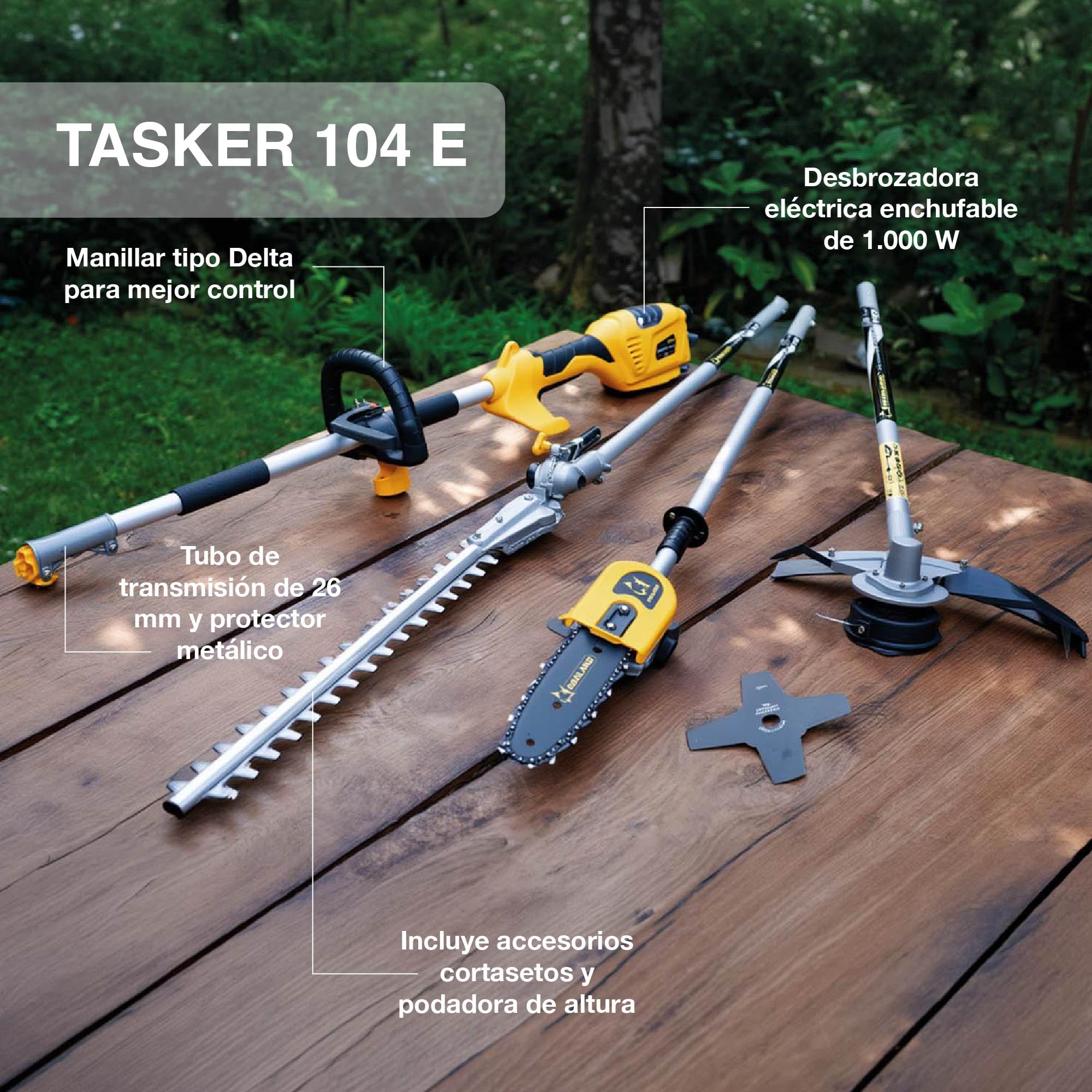 GARLAND DESBROZADORA ELÉCTRICA MULTIFUNCIÓN 1000W Tasker 104 E-V25 | 4 EN 1 con Cortasetos, Sierra DE PÉRTIGA, Disco E Hilo | Ligera Y Potente para JARDINERÍA DOMÉSTICA