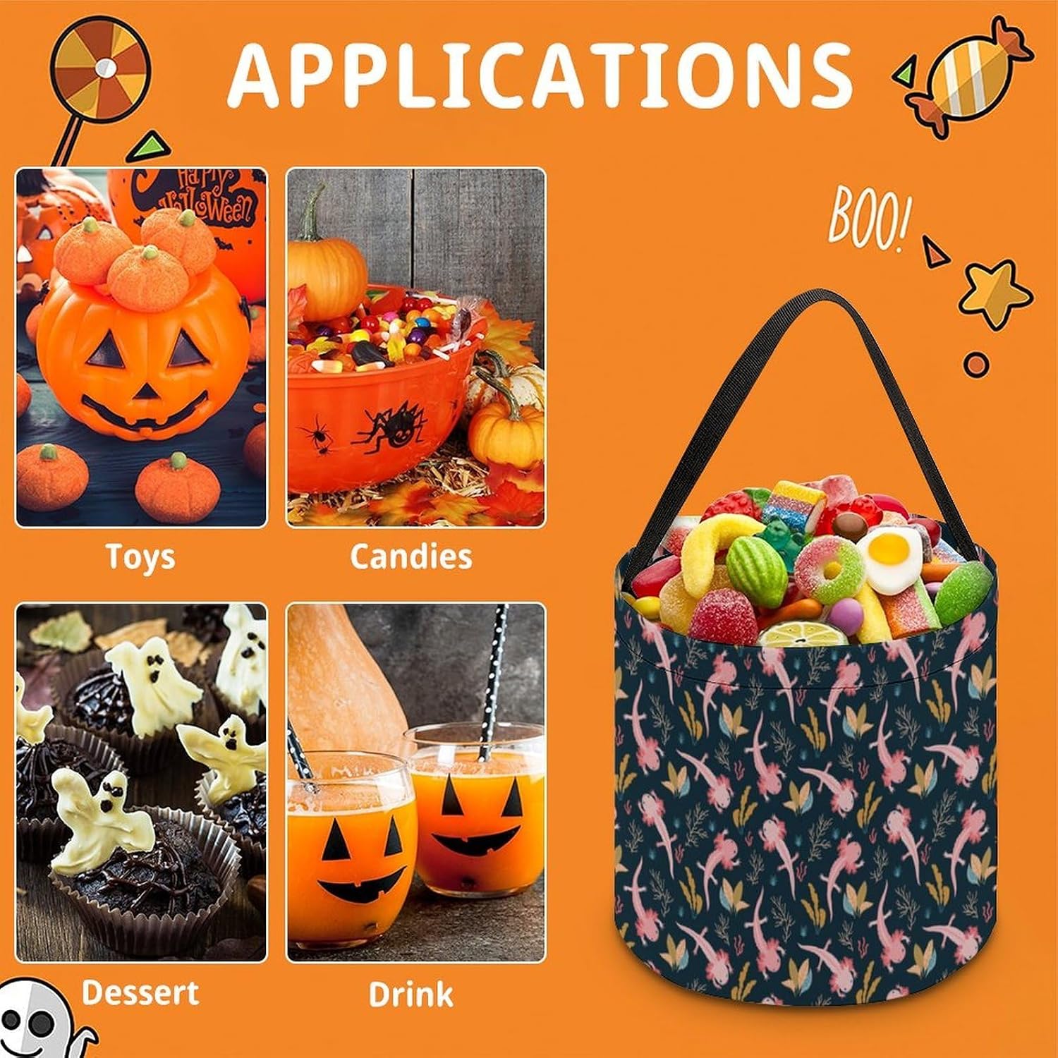 Cute Axolotls Halloween Treat Bag Reusable Candy Basket Tote Goody Bags Gift Party