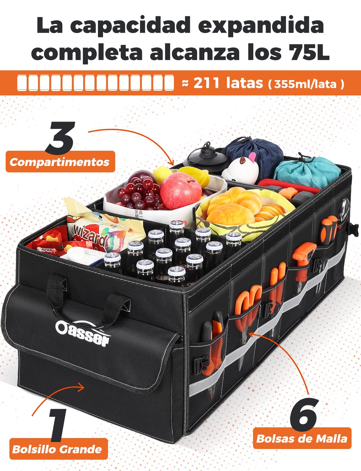 Oasser Organizador Maletero Coche 75L Grande 3 Compartimentos Tapa Desmontable Plegable Antideslizante 1 Bolsillo Grande 6 Bolsas Laterales Malla