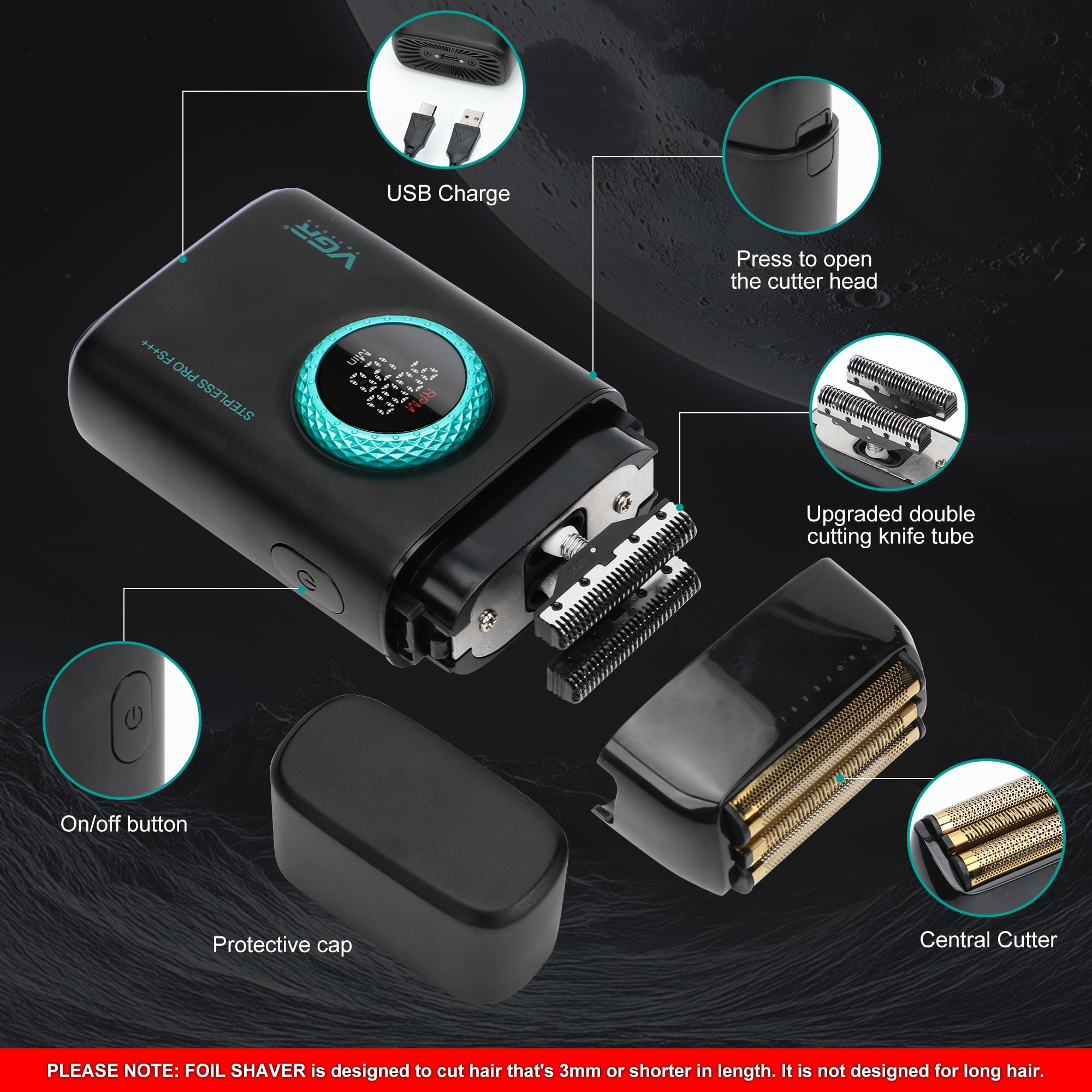 VGR Afeitadora y maquinilla de afeitar eléctrica profesional para hombres, cara, barba, cuello, decoloración de la piel y cabeza calva, recargable por USB-C, láminas de titanio flotantes dobles, 21