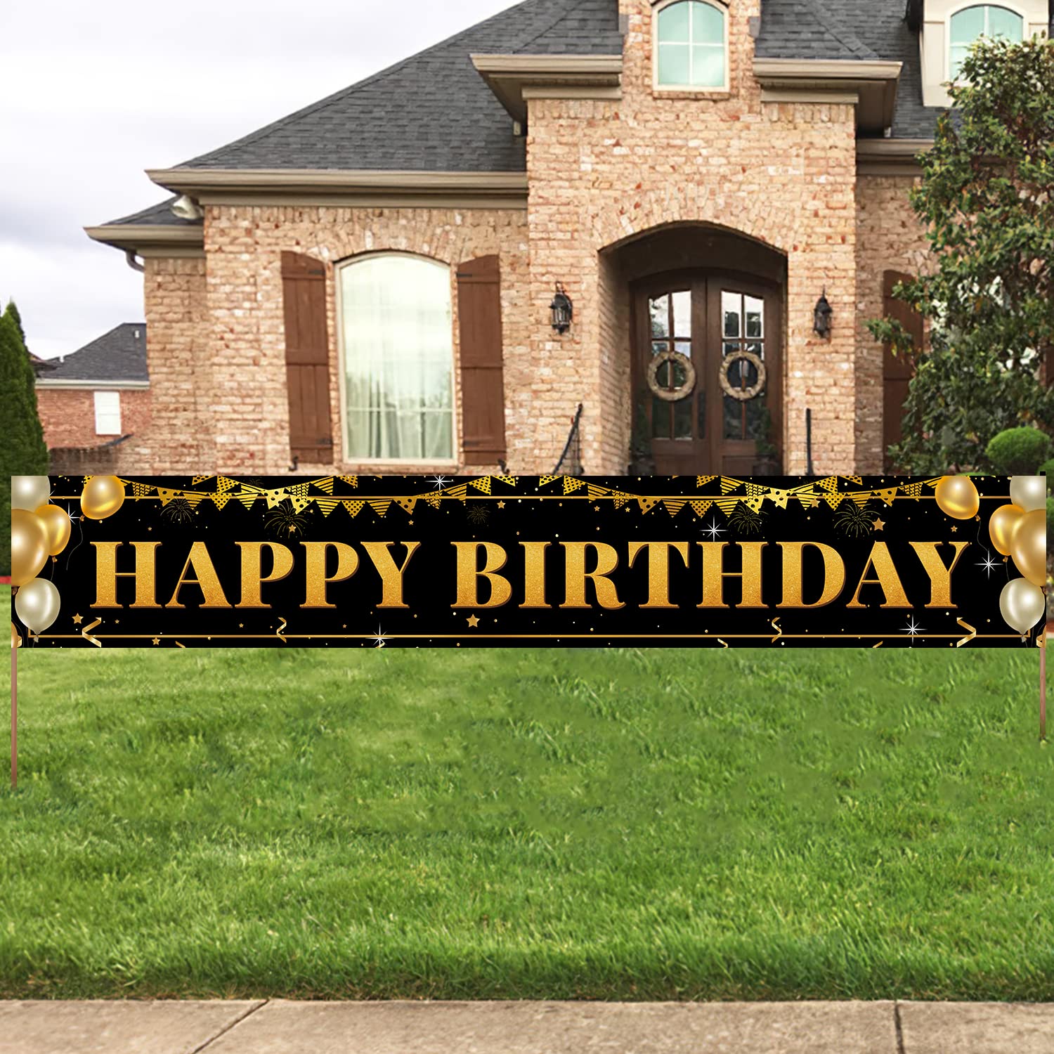 Black Gold Birthday Banner for Happy 1st to 100th - Boys, Girls, Men & Women - Reusable Decorations - Indoor Outdoor Party Supplies - 9.8x1.6 FT