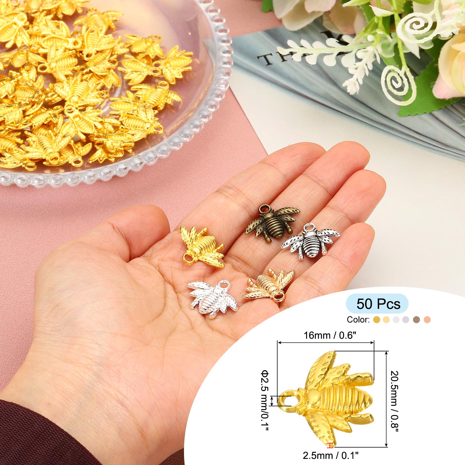 PATIKIL Bee Charm, 50 Pcs Alloy Honeybee Charm Pendant for DIY Crafts Multicolored, 0.6 x 0.8 Inch, Dark Bronze, 0.6 x 0.5 Inch - Image 2