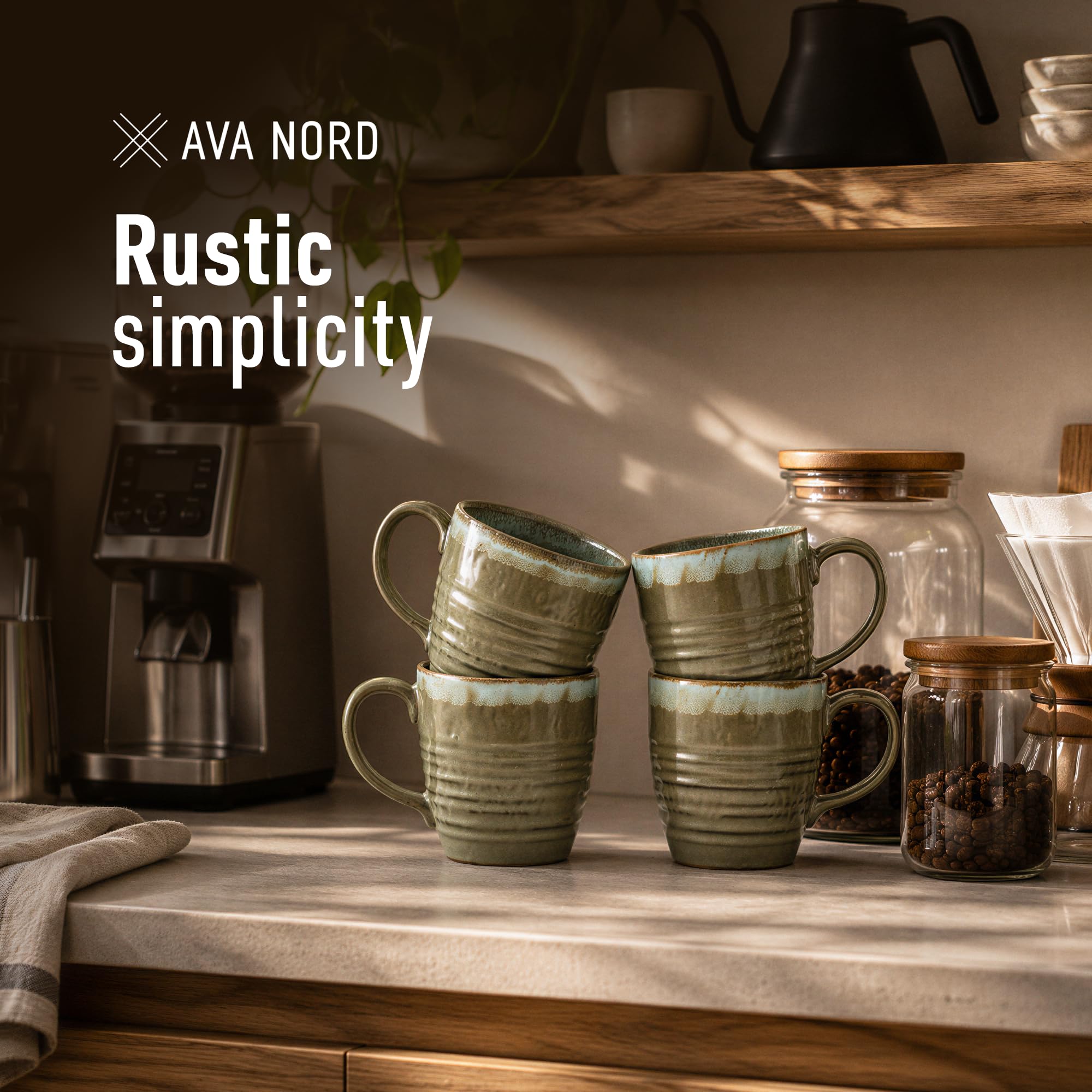 Ava Nord Juego de 4 tazas de café de cerámica de 14 onzas con asa, juego de tazas de café de cerámica de esmalte reactivo para té, latte, capuchino, cacao, chocolate caliente, aptas para microondas y