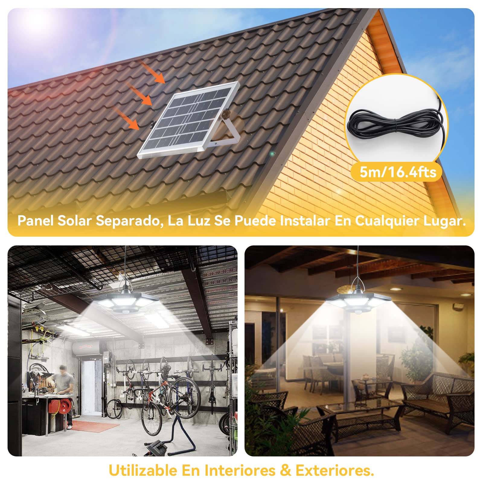 AGPTEK Luz Solar para Interior, Luces Solares Exteriores, Lámpara Colgante Solar con Mando 180 LED, Lámparas Solares con Sensor de Movimiento, Jardín Casa Garaje Granero Balcón