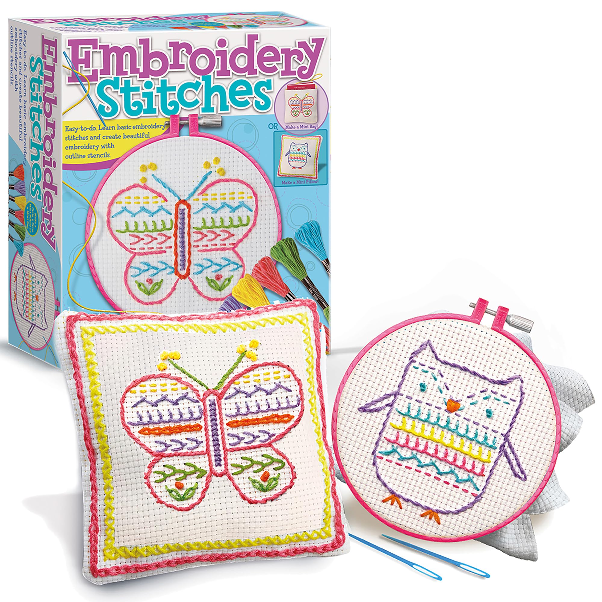 4M: Easy-to-Do: Embroidery Stitches - DIY Craft Set, Learn 10 Basic Skills, Floss-Stencils-Hoops-Canvases-Accessories, All-in-1, Beginners & Kids 8+
