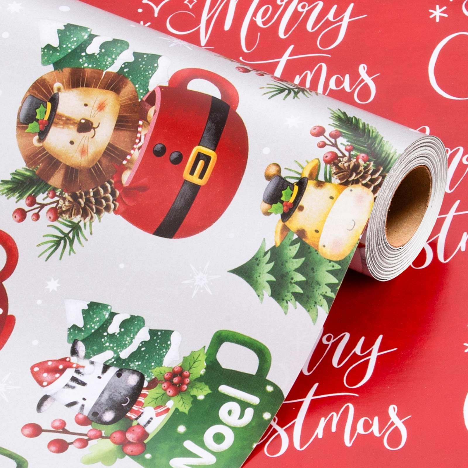 Wikadlik Silver Christmas Wrapping Paper Roll - 43cm x 10m Cute Funny Animal Mug Tree Berry and Red Merry Christmas Lettering Design Gift Wrap Paper — image 1