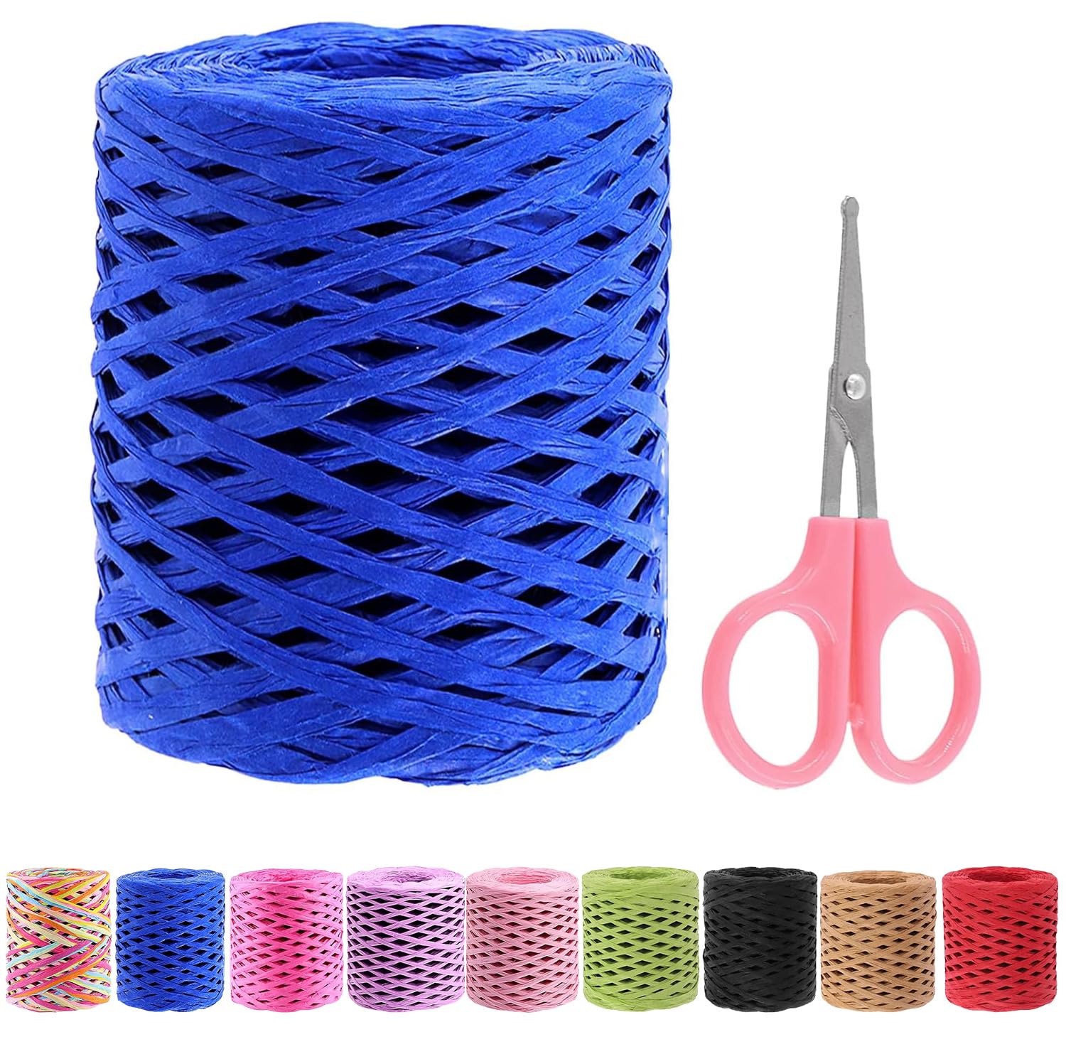 Swpeet 1 Roll Beautiful Sapphire Blue 218 Yards Raffia Paper Craft Ribbon with Scissors Assortment Kit, Natural Raffia String Kraft Craft Packing Paper Twine for Gifts DIY Flower Decorations