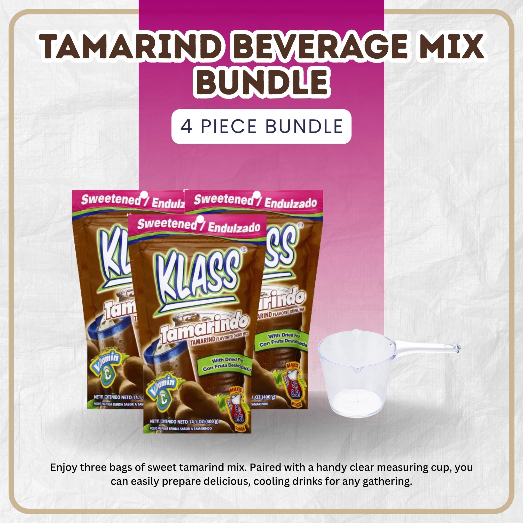 3x Klass Bev Mix Tamarindo Sweetened 14.1 OZ Bundle with Measuring Cup – Traditional Aguas Frescas Drink Mix with Sweet and Tangy Tamarind Flavor – Gift Set (3 Items)