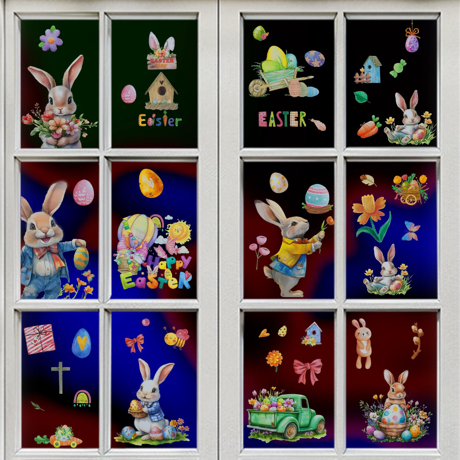 Oeyliz Easter Window Clings Easter Window Stickers Glass Windows Decorations Bunny Eggs Decal 9 Sheets 144PCS Removable Holiday Window Clings Decor for Home Office School Shop