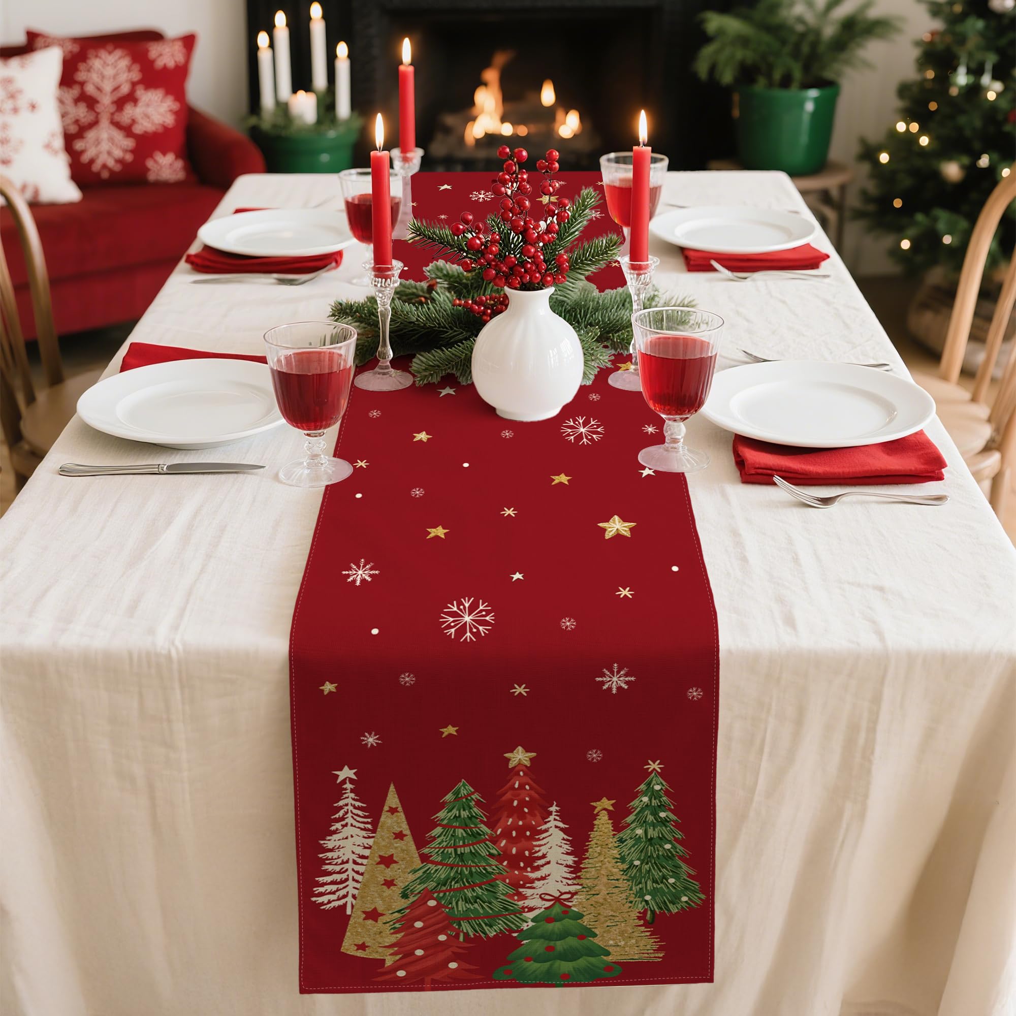 ZWJD Christmas Table Runner 40x140 cm Red Modern Christmas Decorations With Christmas Trees and Snowflakes Xmas Table Runner - Image 2