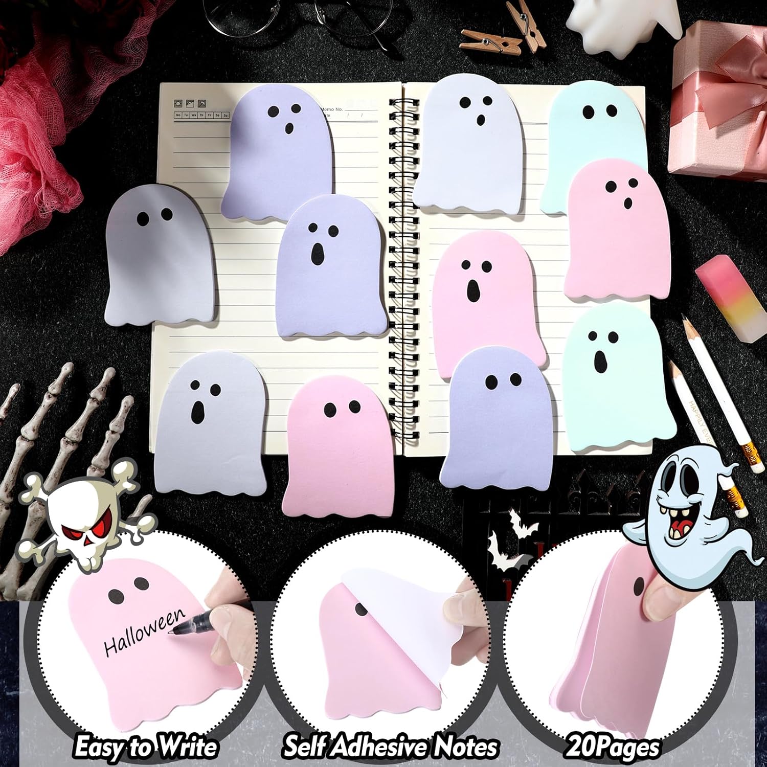 Zhanmai 1200 Pcs Halloween Ghost Sticky Notes Self-Adhesive Halloween Cute Note Pads Removable Ghost Memo Notes for School Office Home Students Teachers Present