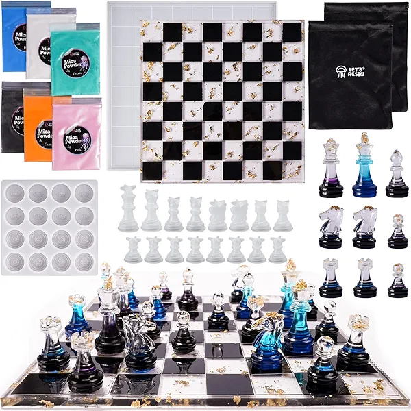 LET'S RESIN Chess Molds for Resin Casting, Upgraded Resin Chess Set Mold with 16 Piece 3D Full Size Chess Checkers & Chess Board Epoxy Silicone Resin Molds, DIY Chess Board Game, Christmas Gifts