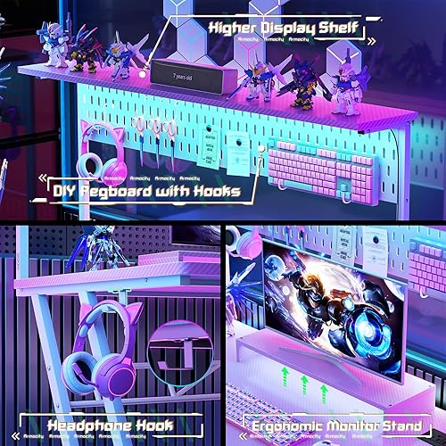 Miniatura 6 de Armocity Escritorio para computadora de juegos con tomas de corriente, escritorio para juegos con gabinete y luces LED, escritorio reversible para