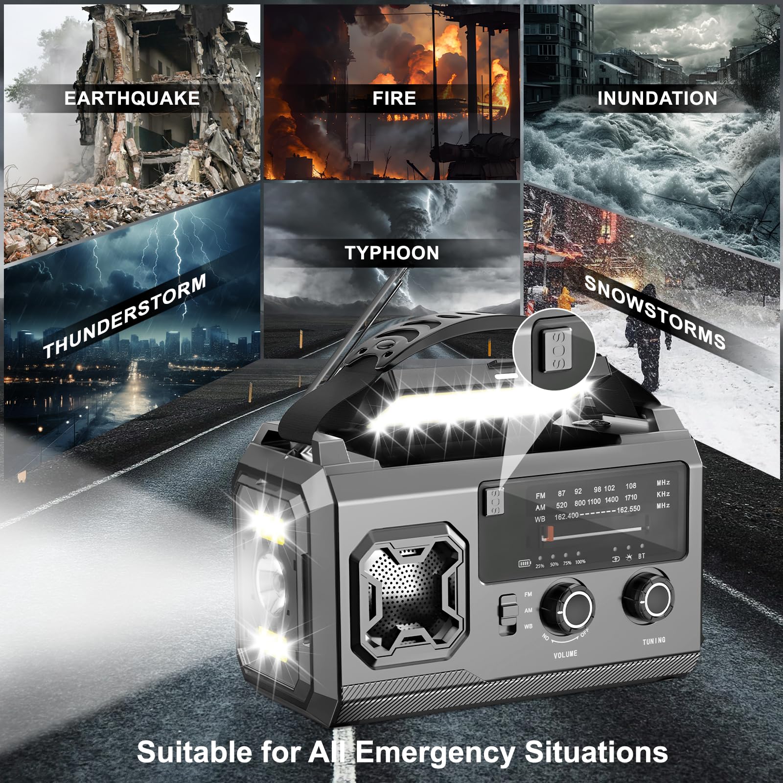 Radio à manivelle 27000mAh, Radio FM/AM d'urgence avec Bluetooth, Radio solaire portable avec chargeur de téléphone, Radio d'urgence avec alarme SOS/lampe de poche/boussole pour camping, plein air