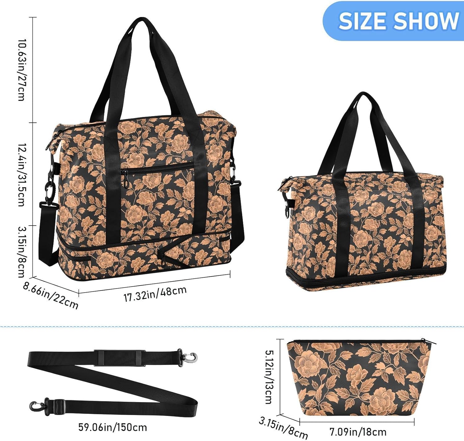 Waterproof Travel Tote Bag Floral Rose Gold Black Gym Sports Carry with Toiletry Bag for Trekking