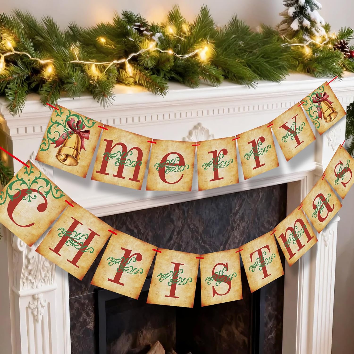 Vintage Christmas Decor, Pre-Strung Retro Merry Christmas Banner – Traditional Old Fashioned Victorian Christmas Decorations for Home Indoor Office Fireplace Mantle Wall Farmhouse Vintage Christmas Decor, Pre-Strung Retro Merry Christmas Banner – Traditional Old Fashioned Victorian Christmas Decorations for Home Indoor Office Fireplace Mantle Wall Farmhouse