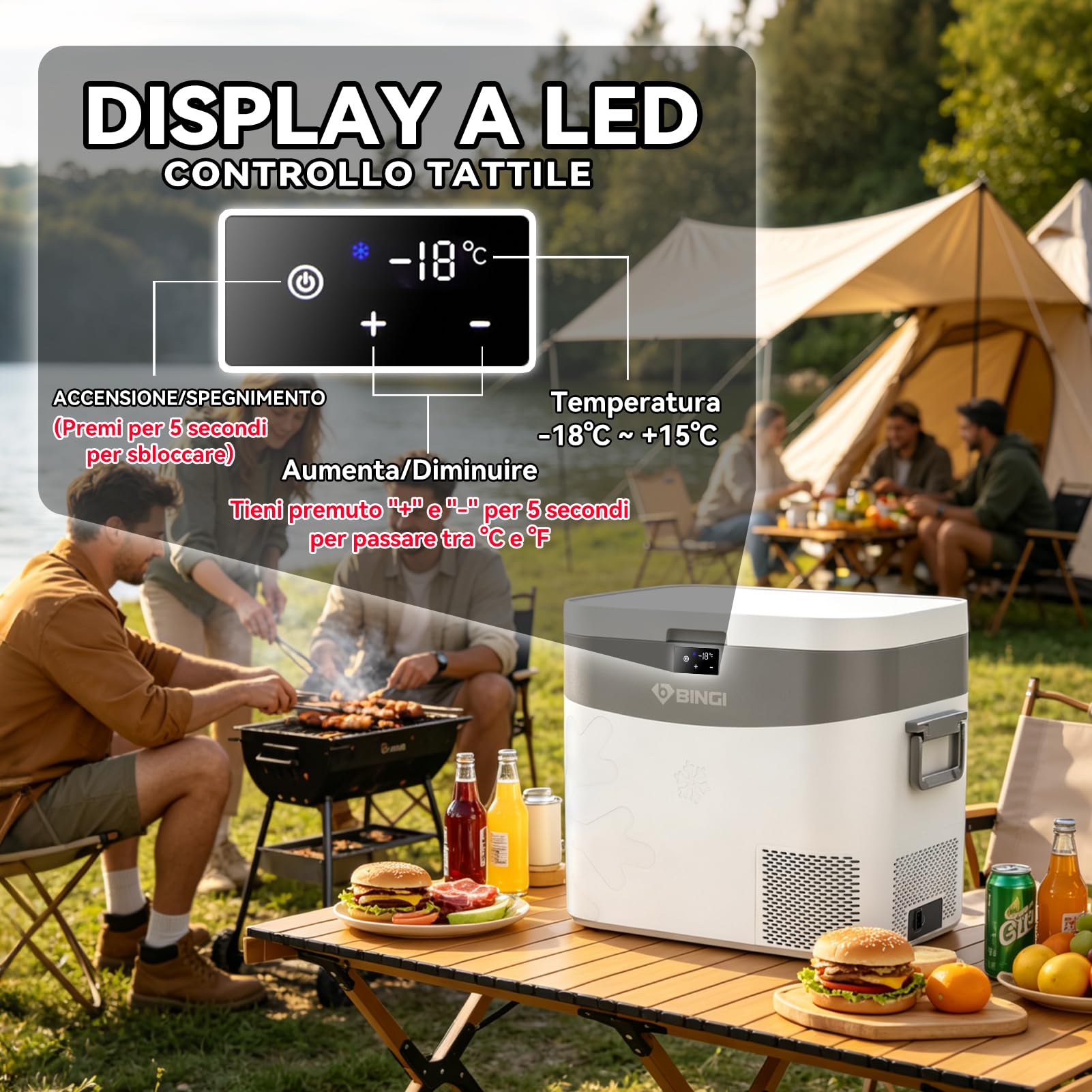BINGI - Frigorifero con compressore, 22 l, mini frigorifero elettrico portatile, 12/24 V DC, congelatore elettrico portatile, per auto, camion, picnic, campeggio e uso domestico