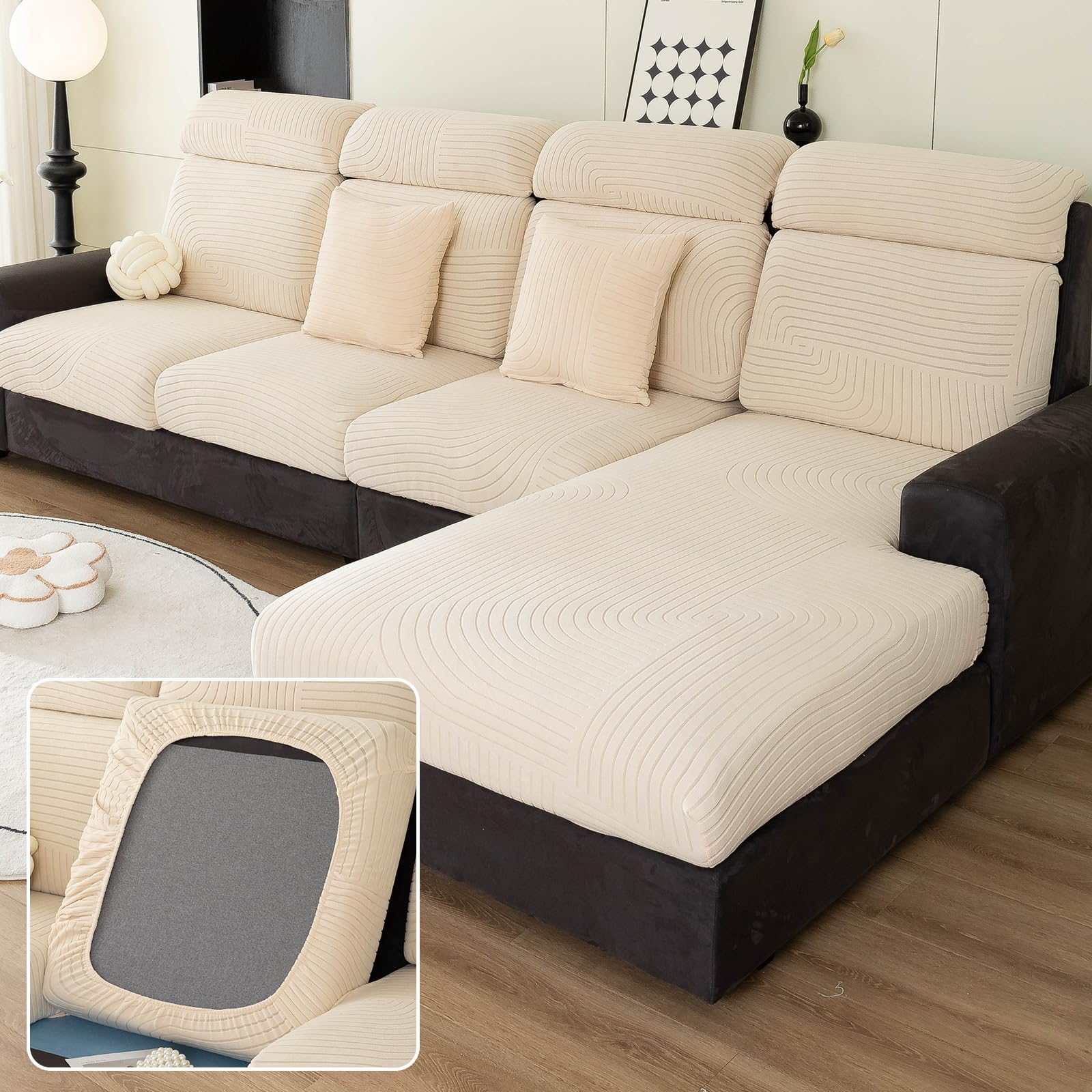MDSASFDWear-Resistant Universal Couch Covers, Sectional Stretch Magic Sofa Cover, Anti-Slip L Shape Sofa Cushion Slipcovers (Linear Design - Beige White, Extra Large Single Seat Cover M)