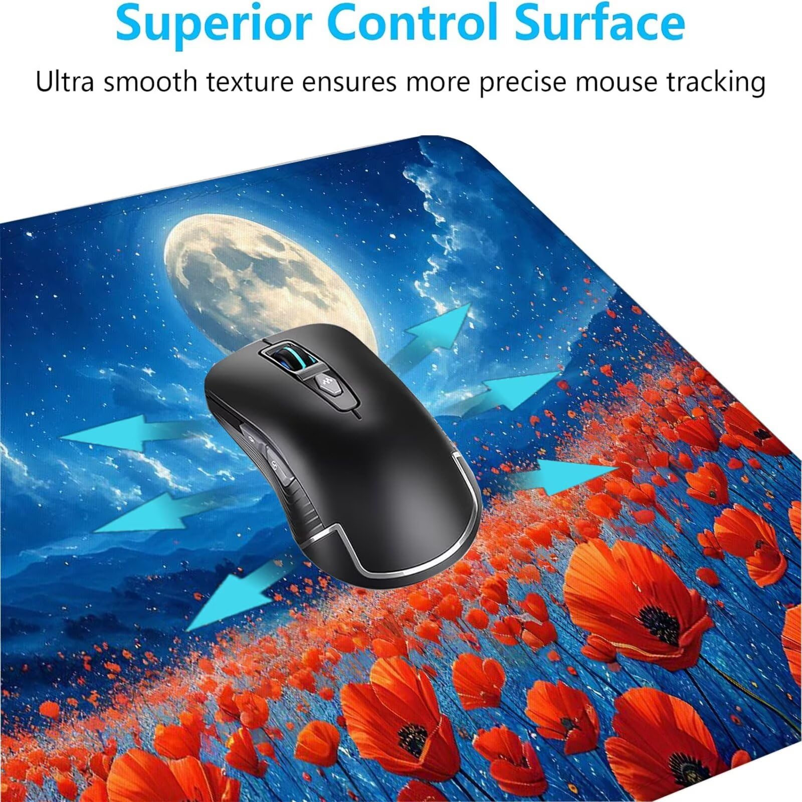 Blu Tappetino Mouse Gaming, Tappetino Mouse XXL 1200 x 500 mm, Tappetino Mouse Fiore, Mouse Pad con Base Antiscivolo, Bordi Cuciti Tappetino per Mouse, Tappetino Mouse Gaming di Alta Precisione S-445