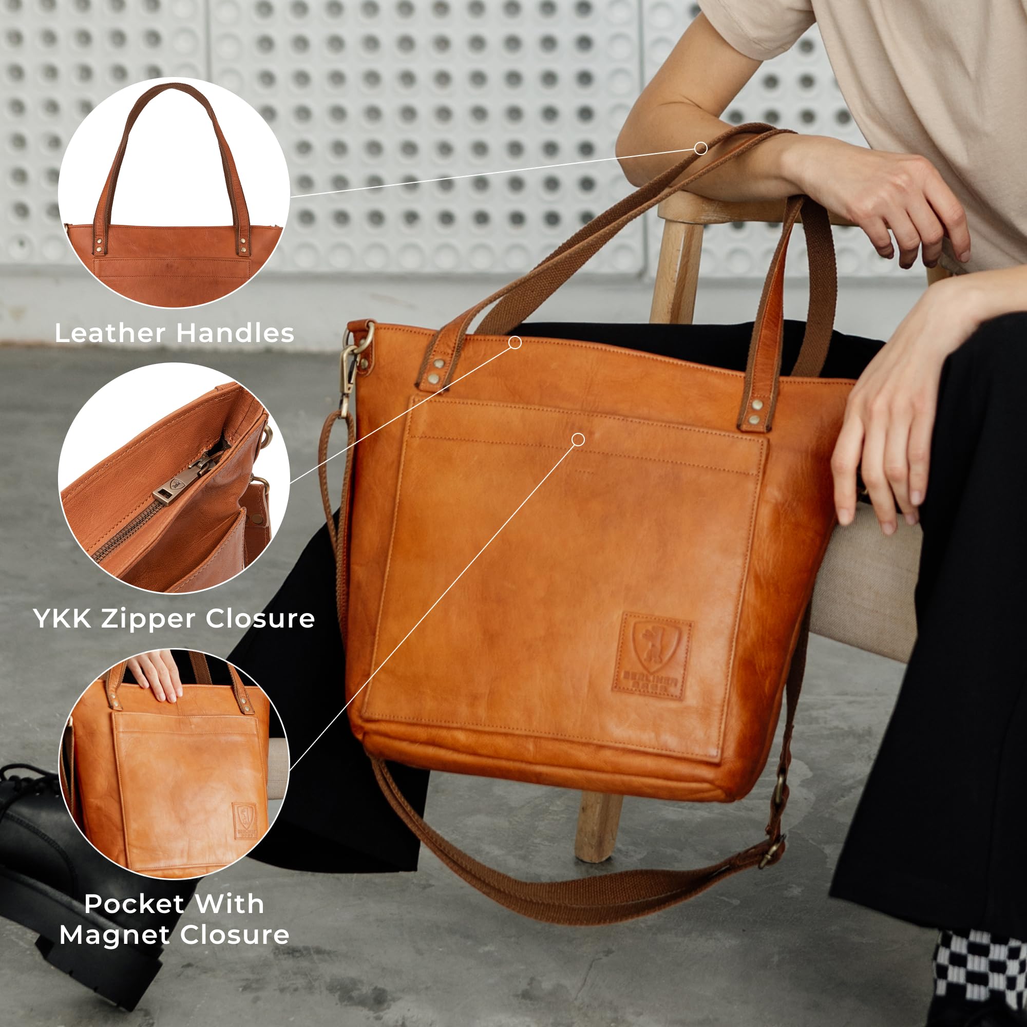 Berliner Bags Verona Bolso Tote Shopper Mujer Piel Auténtica Grande YKK