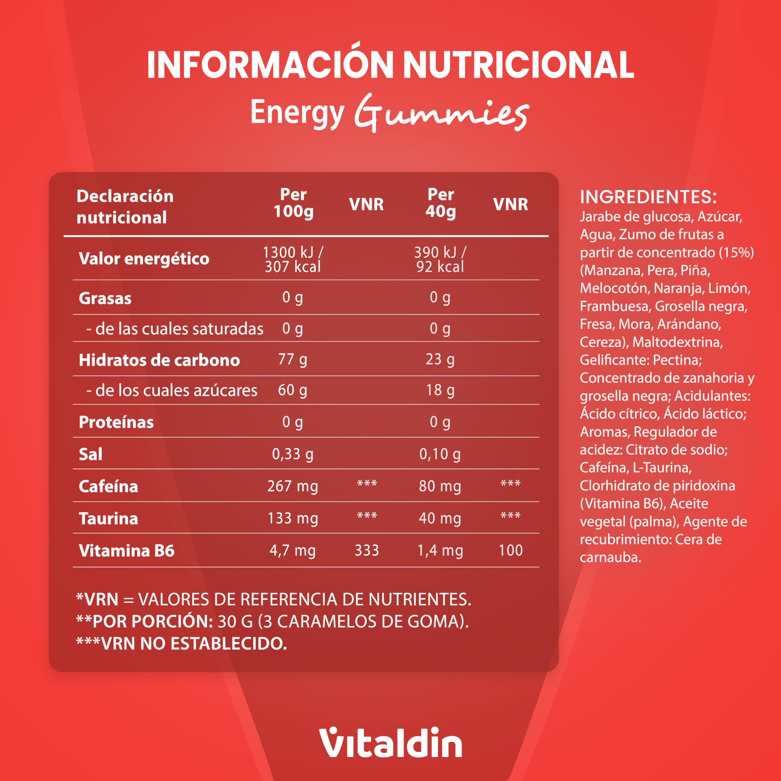 VITALDIN SPORT Power Gummies Caffeine & Taurine – 80 mg Cafeína, 40 mg Taurina por serving + Vitamina B6 – Doypack de 30 Bites de gominola – Sabor frutos rojos – Vegano