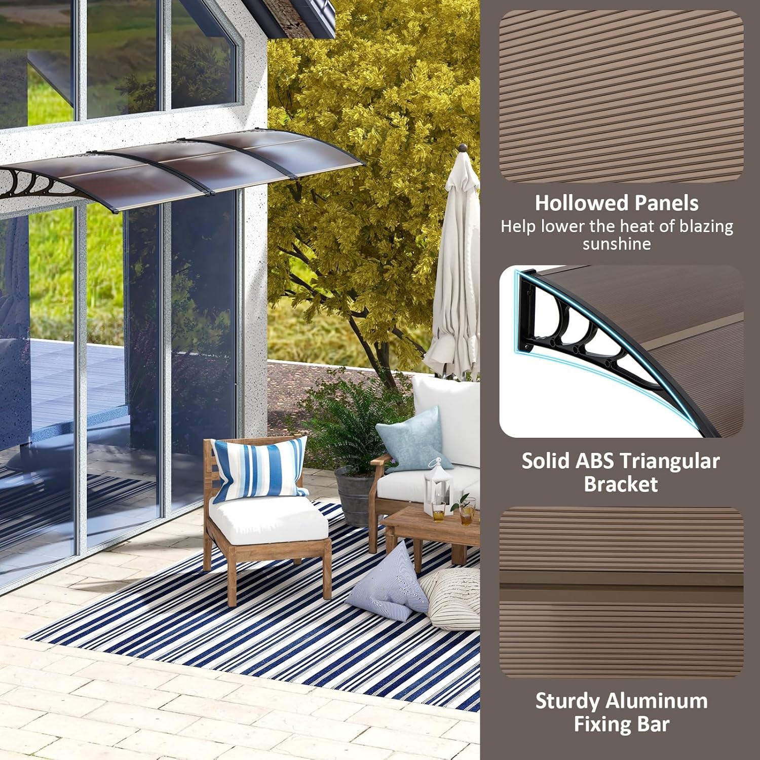Goplus Awnings for Doors, 48" x 40" Window Awning with Rain Snow Sunlight UV Protection, UPF 50+,Hollow Sheet, Outdoor Overhead Awning Canopy Exterior, Polycarbonate Awnings for Patio, Porch, Deck
