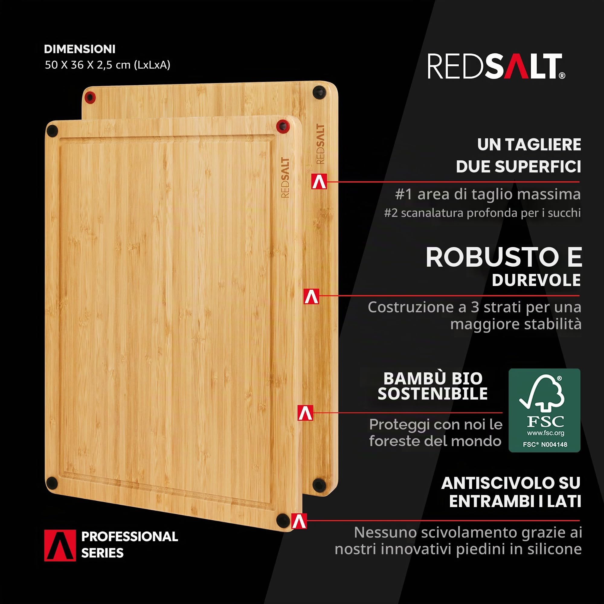 REDSALT Innovativo tagliere in legno di bambù XL, 50 x 36 x 2,5 cm, antiscivolo, su entrambi i lati, antibatterico, scanalatura profonda, tagliere in legno di alta qualità, grande per cucina e