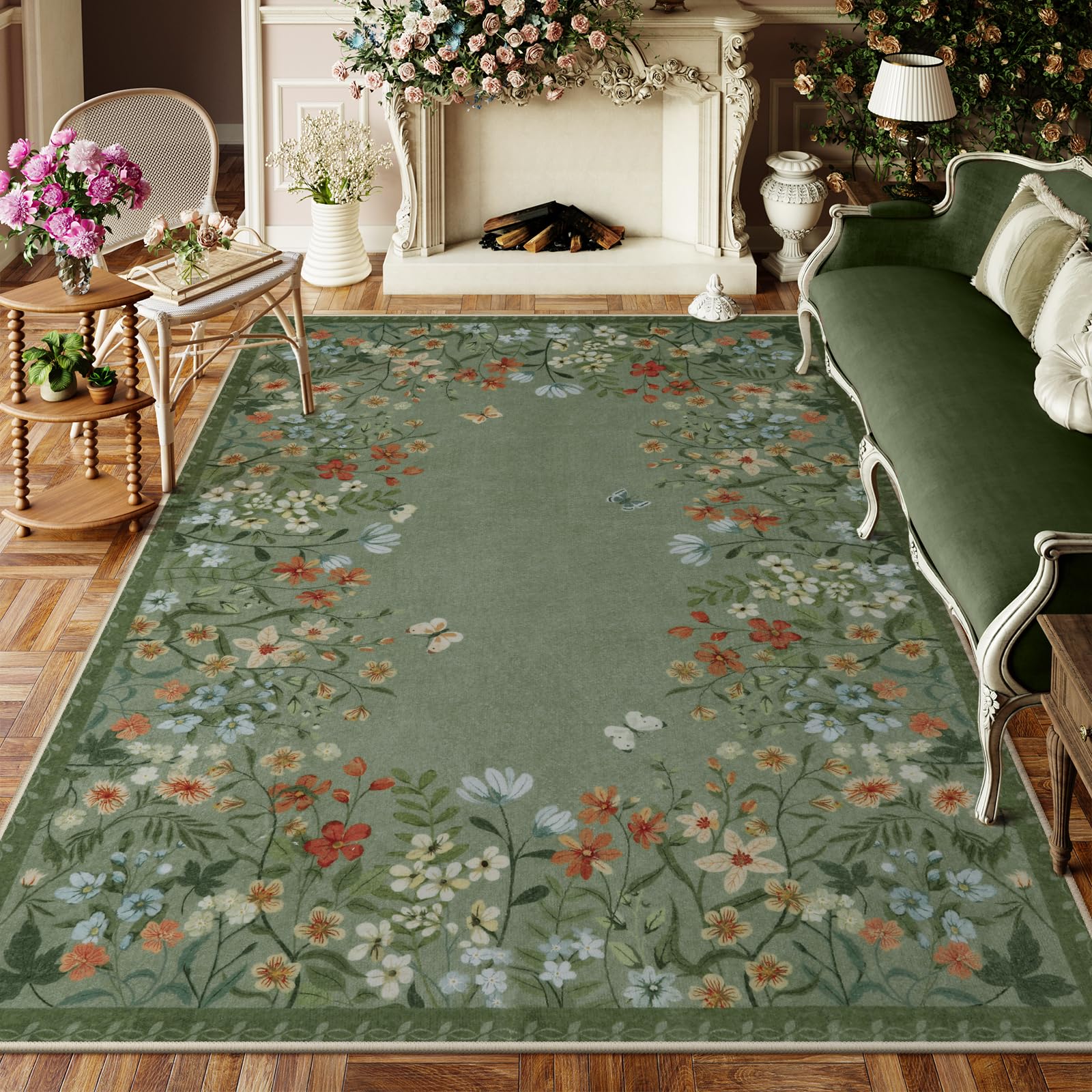 Wonnitar Washable 8x10 Living Room Area Rug, Large Green Floral Rugs for Bedroom, Non-Slip Soft Botanical Area Rug Throw Carpet for Dining Guest Room