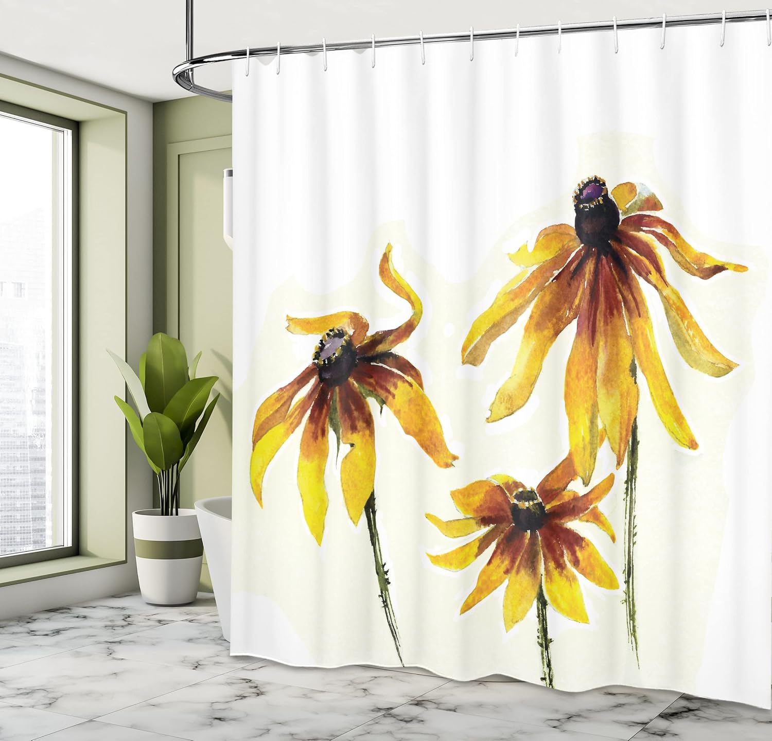 Ambesonne Watercolor Flower Shower Curtain, A Garden with Daisy Blossoms in a Soft Painting Effect Dramatical Nature Work of an Art, Fabric Bathroom Decor Set with Hooks, 69" W x 70" L, Yellow White