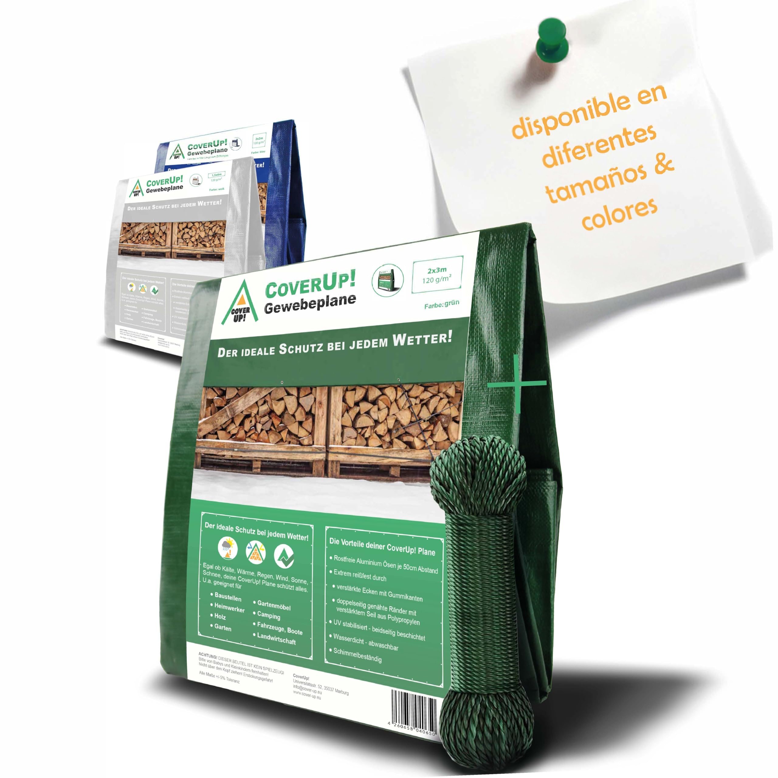 CoverUp! Lona Impermeable Exterior 2 x 3 m Incl. 12 m de Cuerda - Lona de protección con Ojales Resistente al Agua y al Desgaste 120 g/m2 – Verde