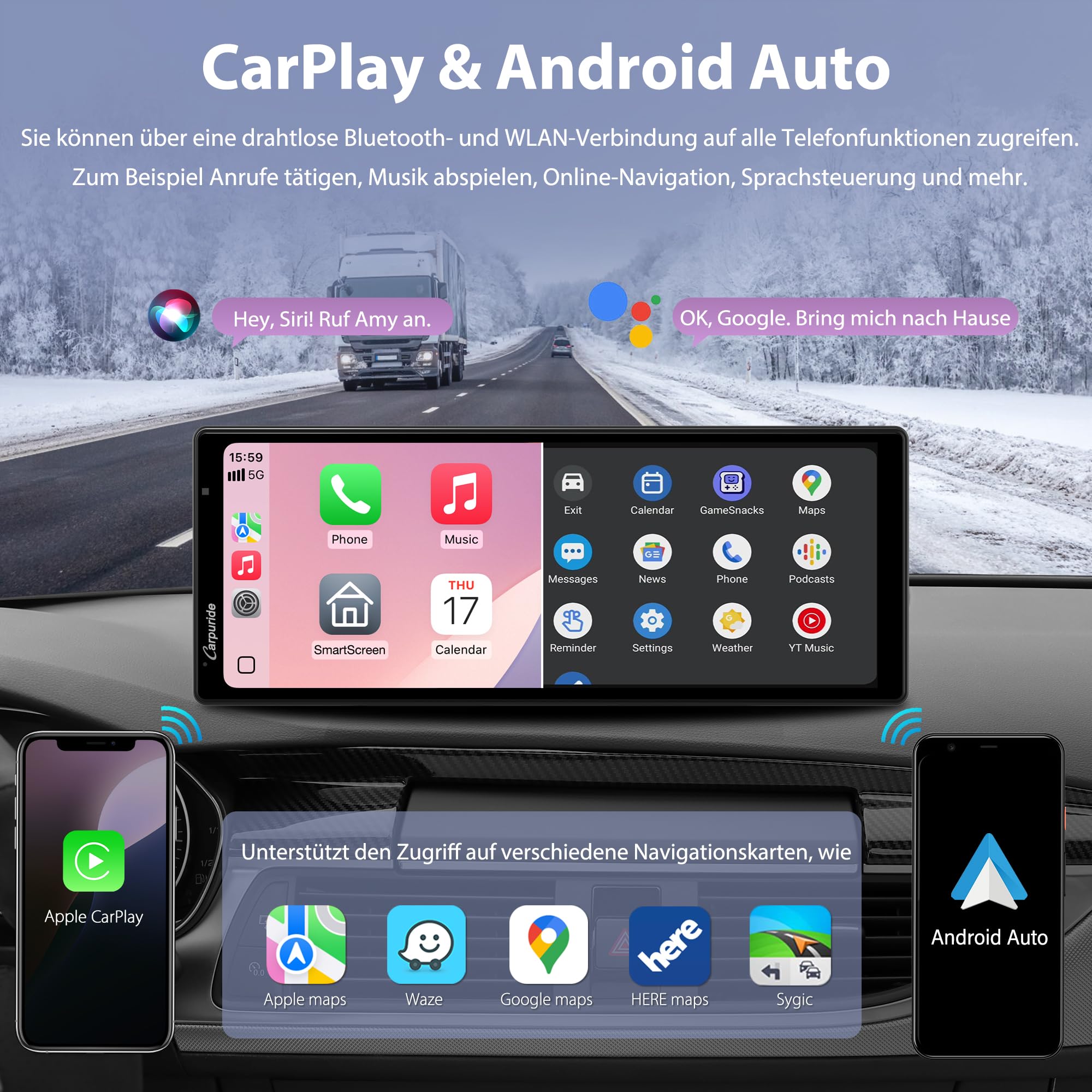 CARPURIDE Kabelloses Carplay & Android Auto mit Dashcam – 10.26-Zoll-HD-IPS-Touchscreen fürs Auto, 4K-Front- und 1080P-Rückkamera, Loop-Aufnahme, Bluetooth-Audio, Mirror Link, GPS, Siri