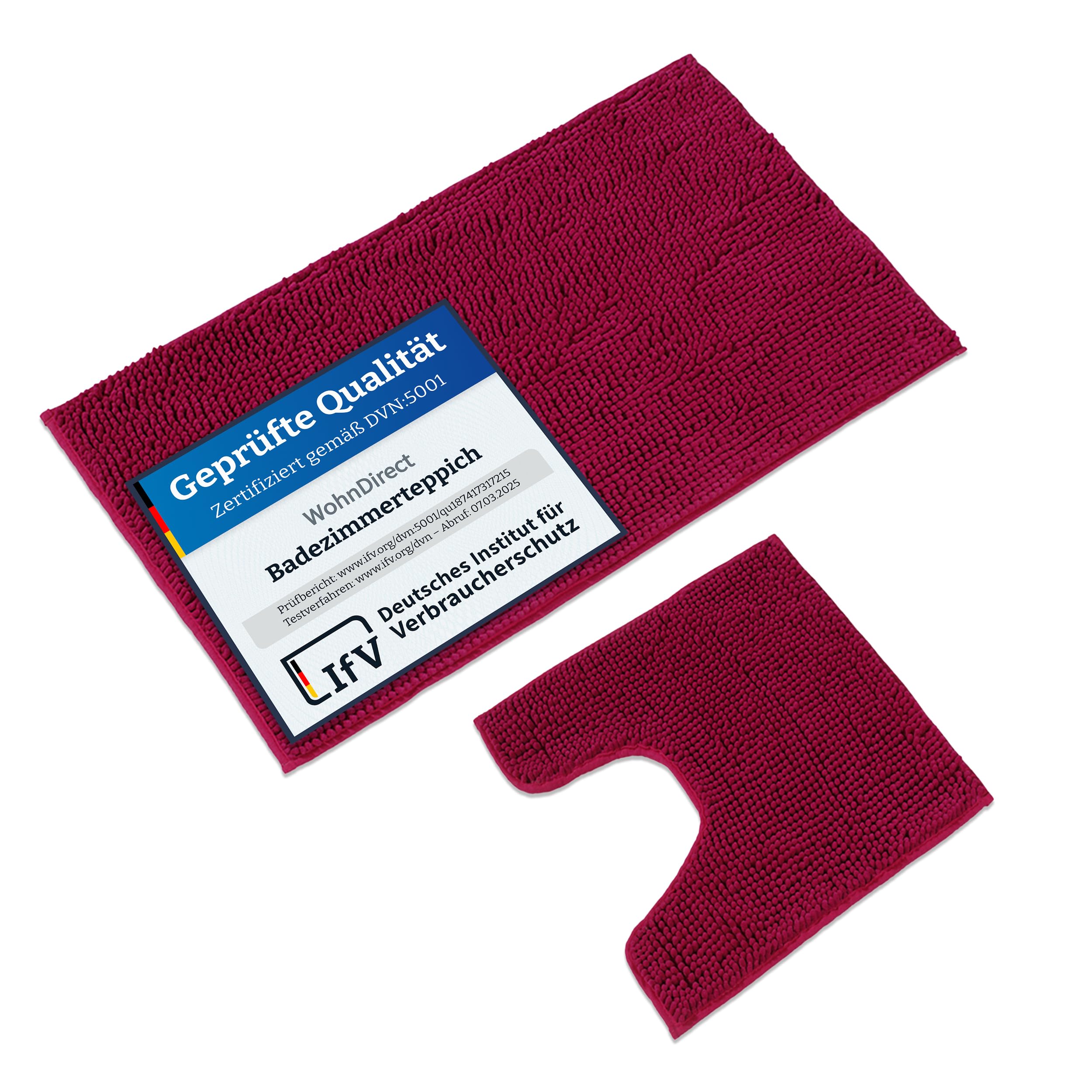 WohnDirect Badematten & Badteppiche Set 2 teilig Beere • WC Vorleger mit Ausschnitt 45x45cm + Badematte rutschfest 50x80cm • Badvorleger frottee waschbar • Badezimmerteppich ÖkoTex • Bath mat