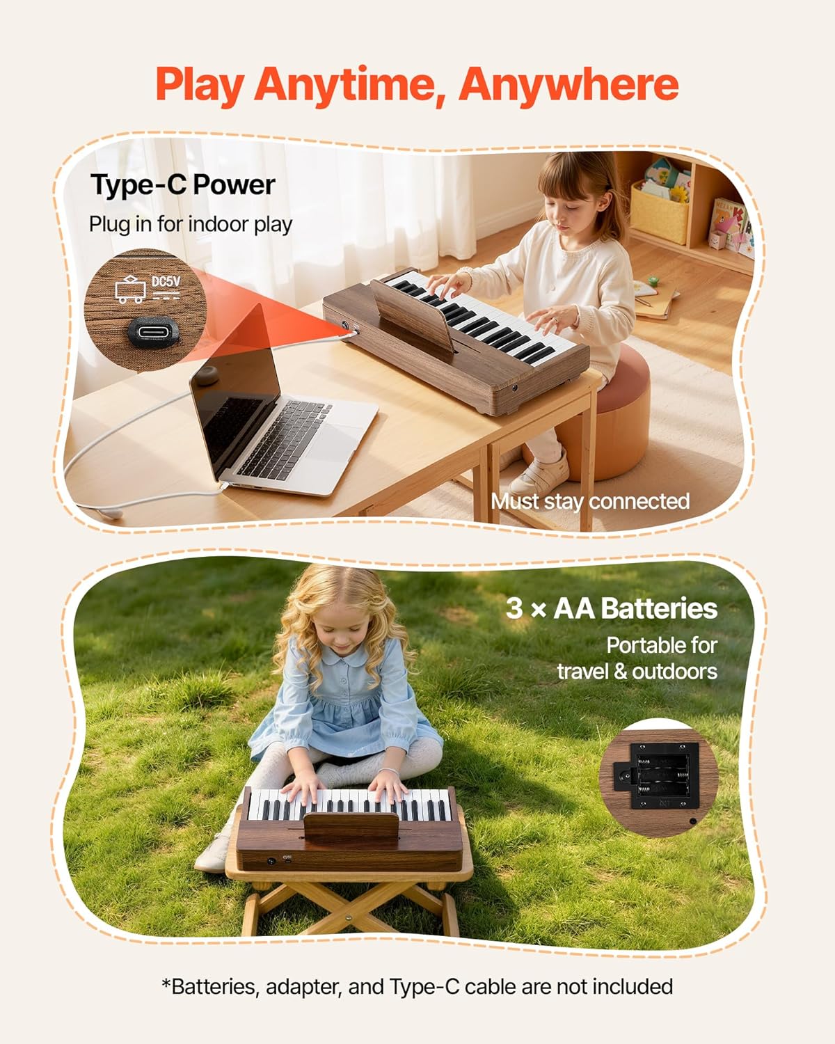 VEVOR Kids Piano Keyboard, 37 Keys Wooden Digital Piano for Kids, Mini Music Educational Instrument Toy with Realistic Sound, Dual Power, Adjustable Volume for Toddlers, Boys Girls Learning,Walnut