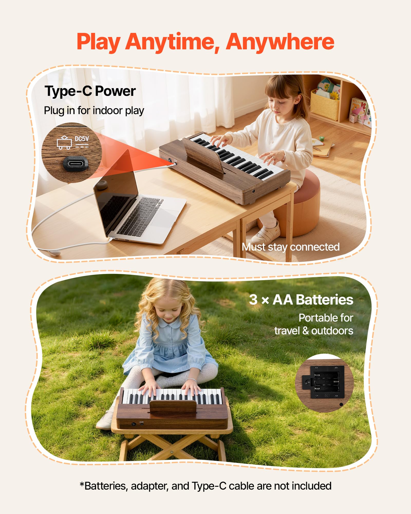 VEVOR Mini Strumento Musicale Giocattolo in Legno a 37 Tasti, Mini Strumento Musicale Giocattolo Educativo con Suono Realistico, Doppia Alimentazione, Volume Regolabile per Bambini Piccoli