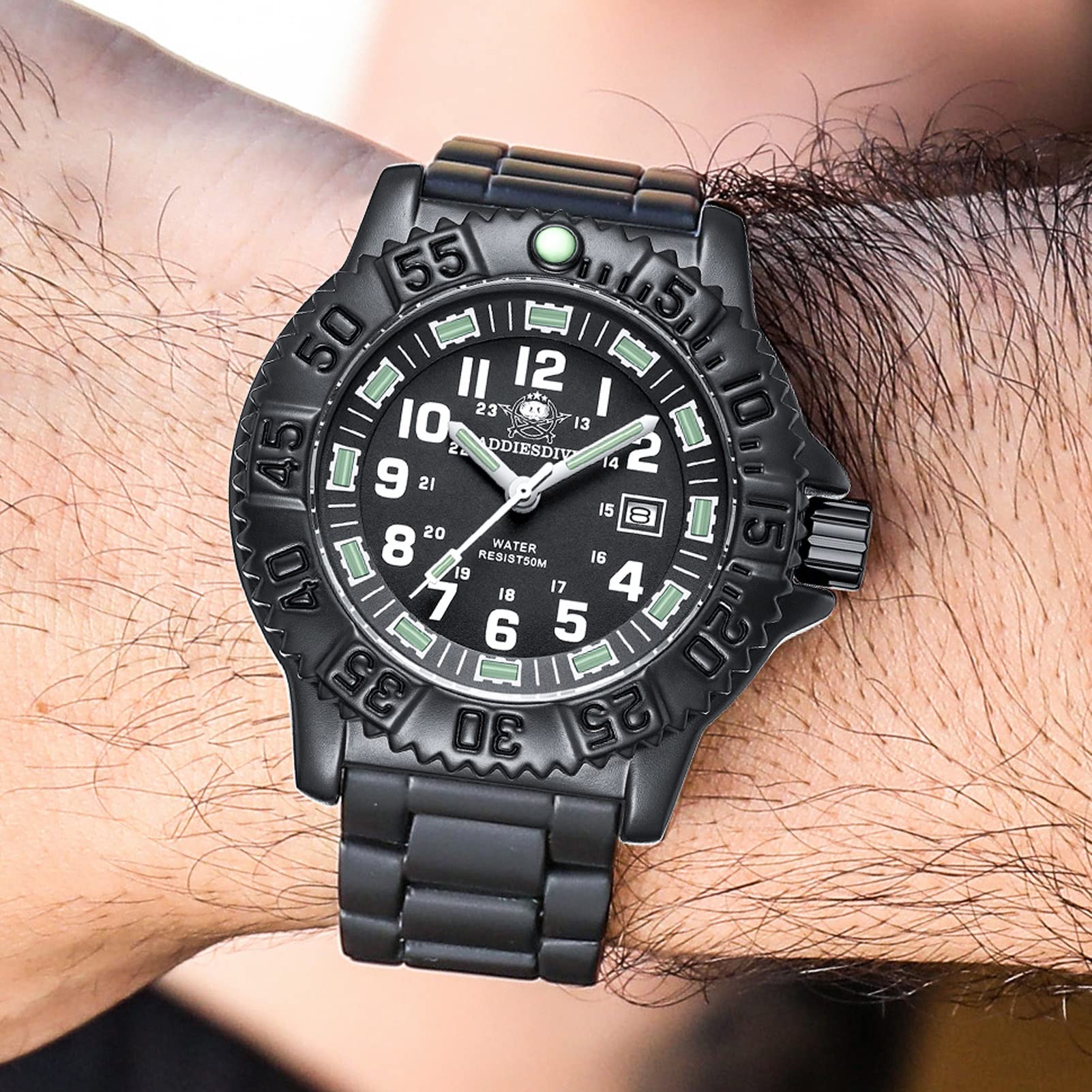 Addiesdive - Reloj de pulsera para hombre, analógico, de cuarzo, deportivo, acero inoxidable, Negro , Pulsera