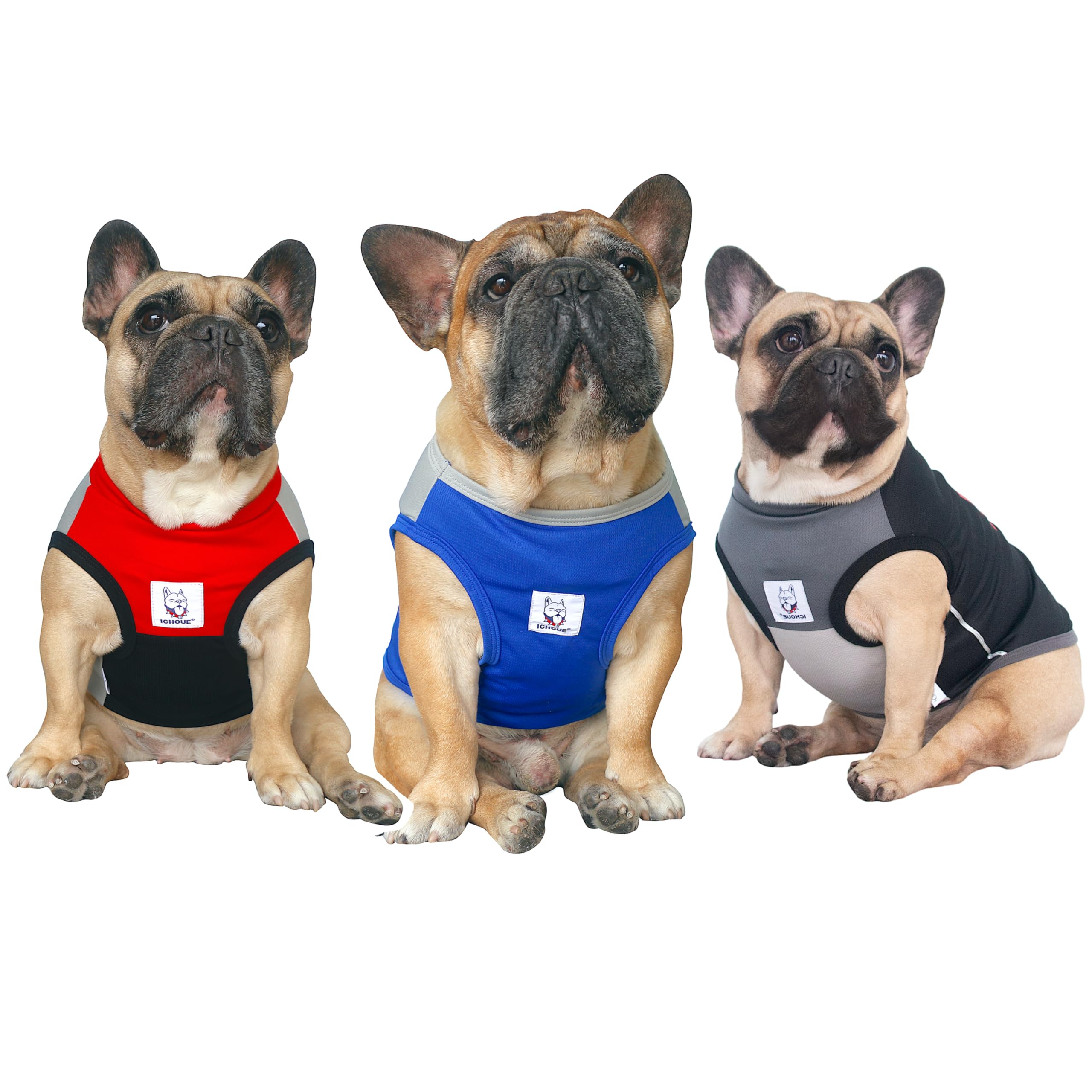 iChoue 3pcs French Bulldog Summer Cooling Shirt for Dogs UV Sun Protection Vest Sleeveless Breathable Tank Top English Pug Black Blue Red Grey - Large โ image 1