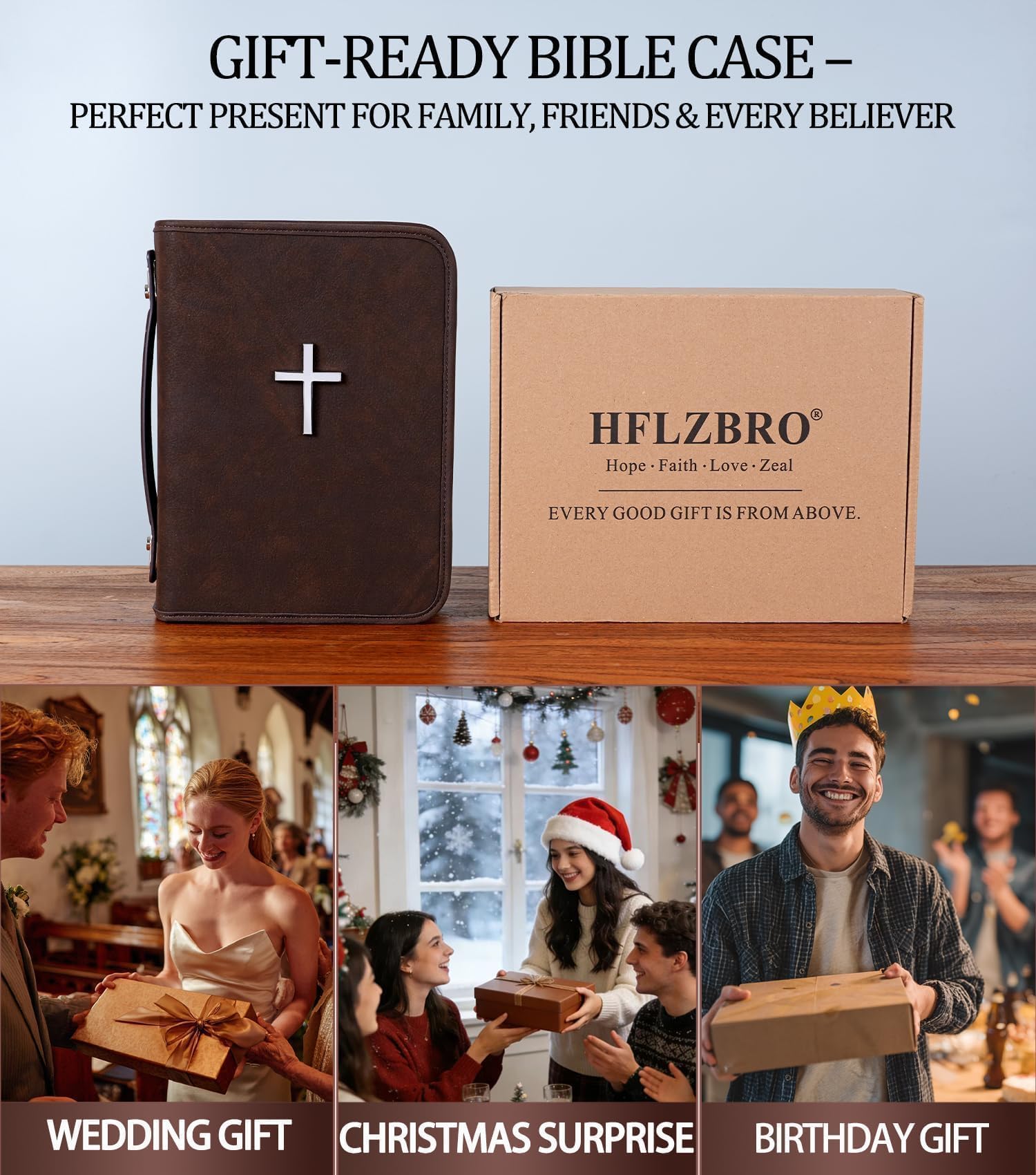 Veganes Leder Bibel Cover Case Bibeltasche mit Handytasche Bibelhülle für Männer Frauen Christliche Geschenkbox Verpackung (Braun)
