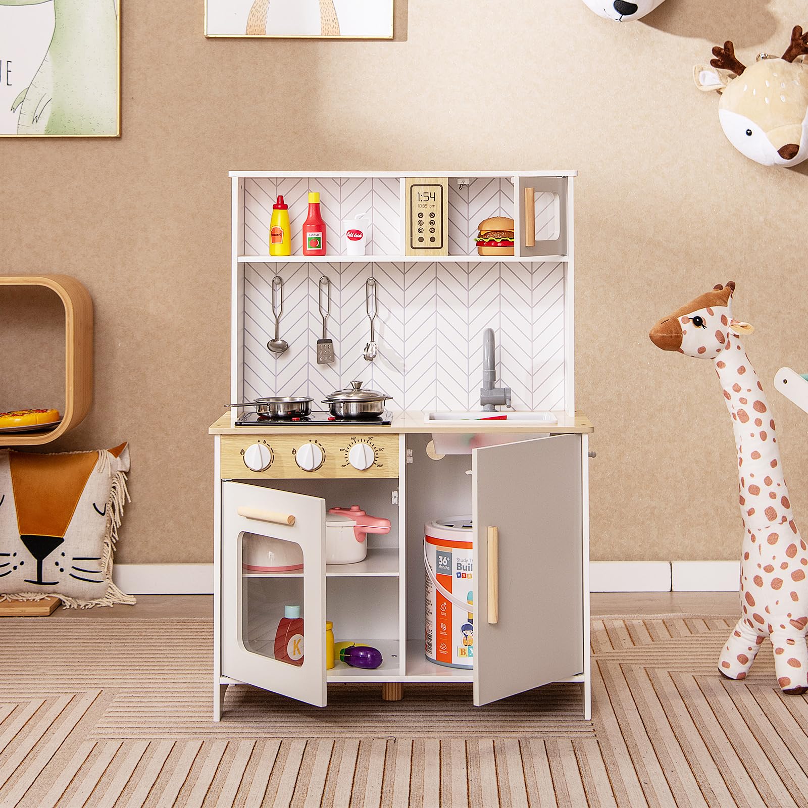 HOMASIS Cucina Giocattolo per Bambini con Luci e Suoni, Cucina Realistica in Legno con 3 Utensili, Rubinetto, Fornello, Microonde e Forno per Bambini da 3+ Anni (Bianco)