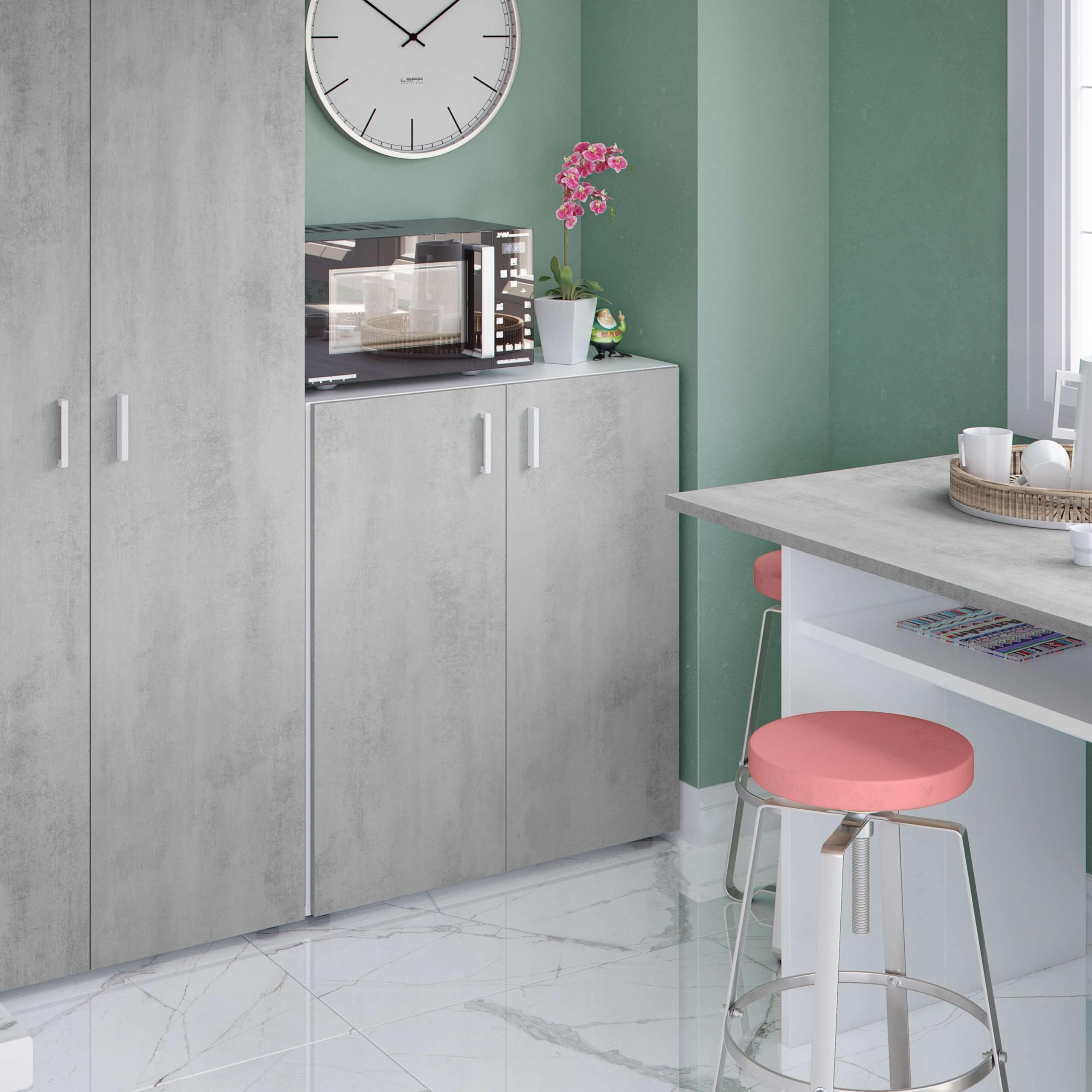 Habitdesign Armadio multiuso basso, portaoggetti a 2 porte, finitura in bianco Artik e cemento, dimensioni: 80 cm (larghezza) x 92 cm (altezza) x 37 cm (profondità)