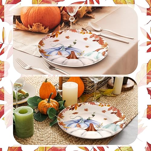 Miniatura 7 de Uiifan Juego de 4 platos de otoño de cerámica para ensalada, calabazas de otoño, decoración de galletas, 7.87 pulgadas, cosecha de Acción de