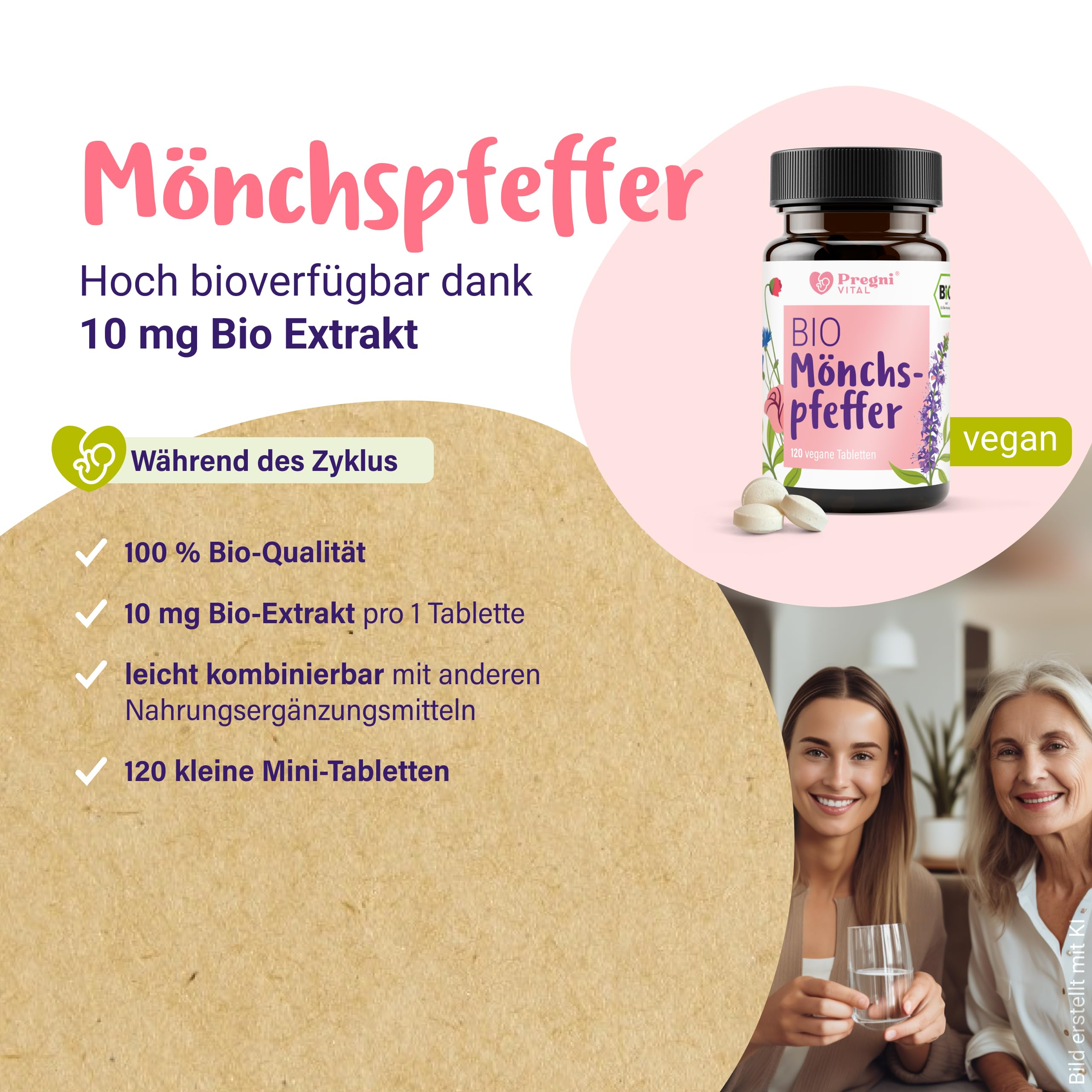 PregniVital Kinderwunsch Vitamine & Zyklus Set, Folsäure 400 µg, Mönchspfeffer Bio, Myo-Inositol B6 und Zyklustee