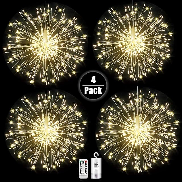 Digcreat Firework Lights Wire Lights,120 LED DIY 8 Modes Dimmable String Fairy Lights with Remote Control,Waterproof Decorative Hanging Starburst Lights for Christmas Home Patio, Warmwhite(4 Pack)