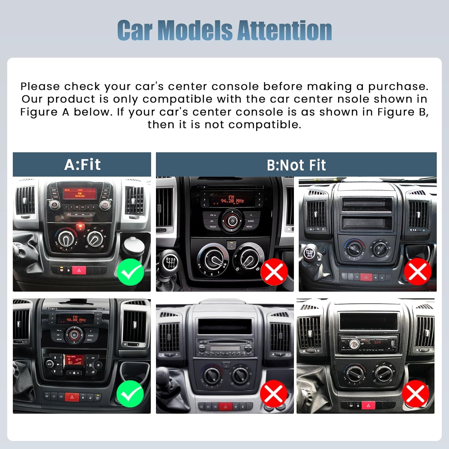 Before and after installation comparison of the Roinvou Autoradio in a Fiat Ducato, Peugeot Boxer, or Citroen Jumper dashboard. The 'Before Installation' image shows the original radio, and 'After Installation' shows the new 9-inch touchscreen unit seamlessly integrated.