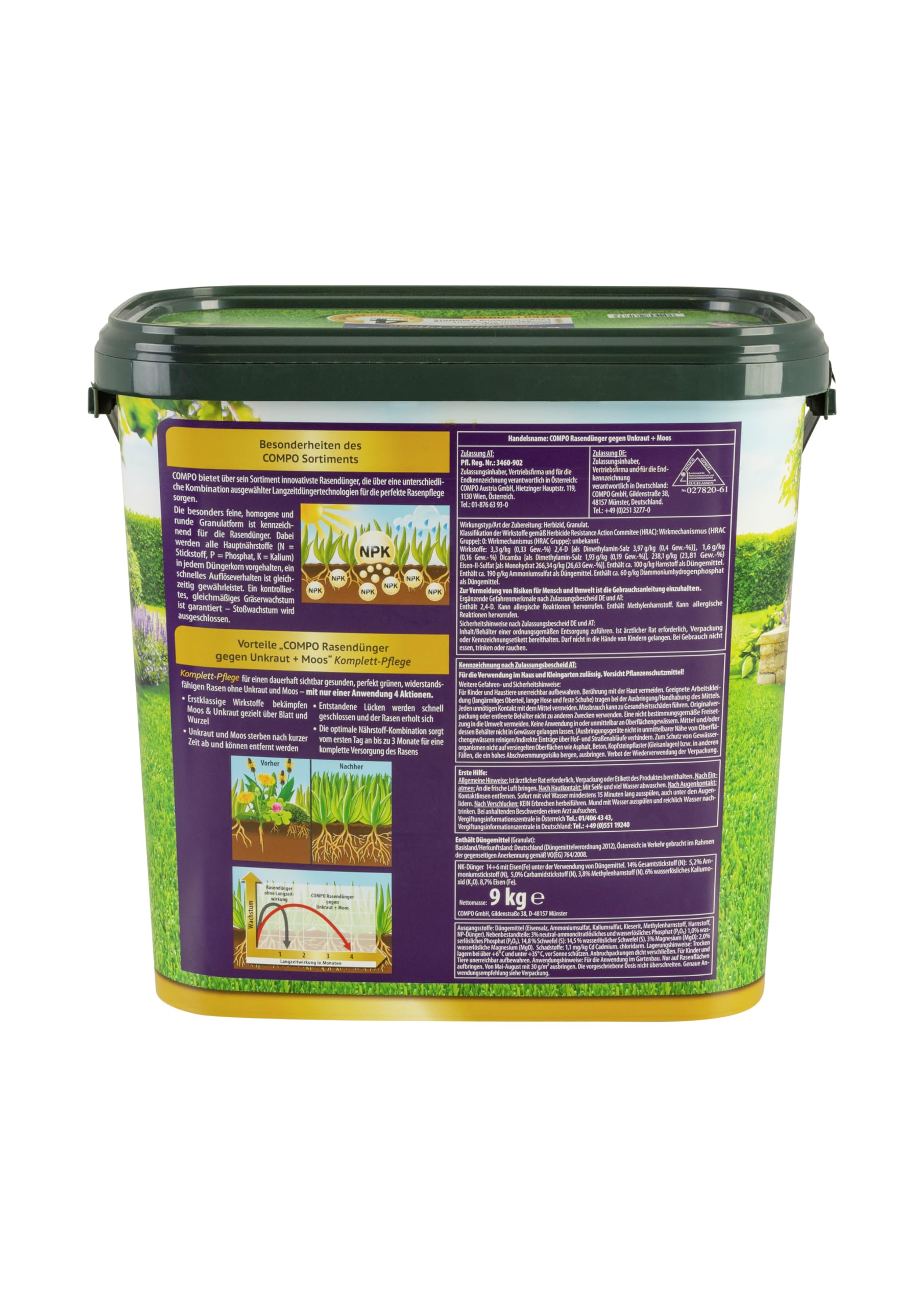 COMPO Rasendünger gegen Unkraut + Moos Komplett-Pflege Rasendünger mit Unkrautvernichter, Moosvernichter, 3 Monate Langzeitwirkung 9 kg, für 300m²